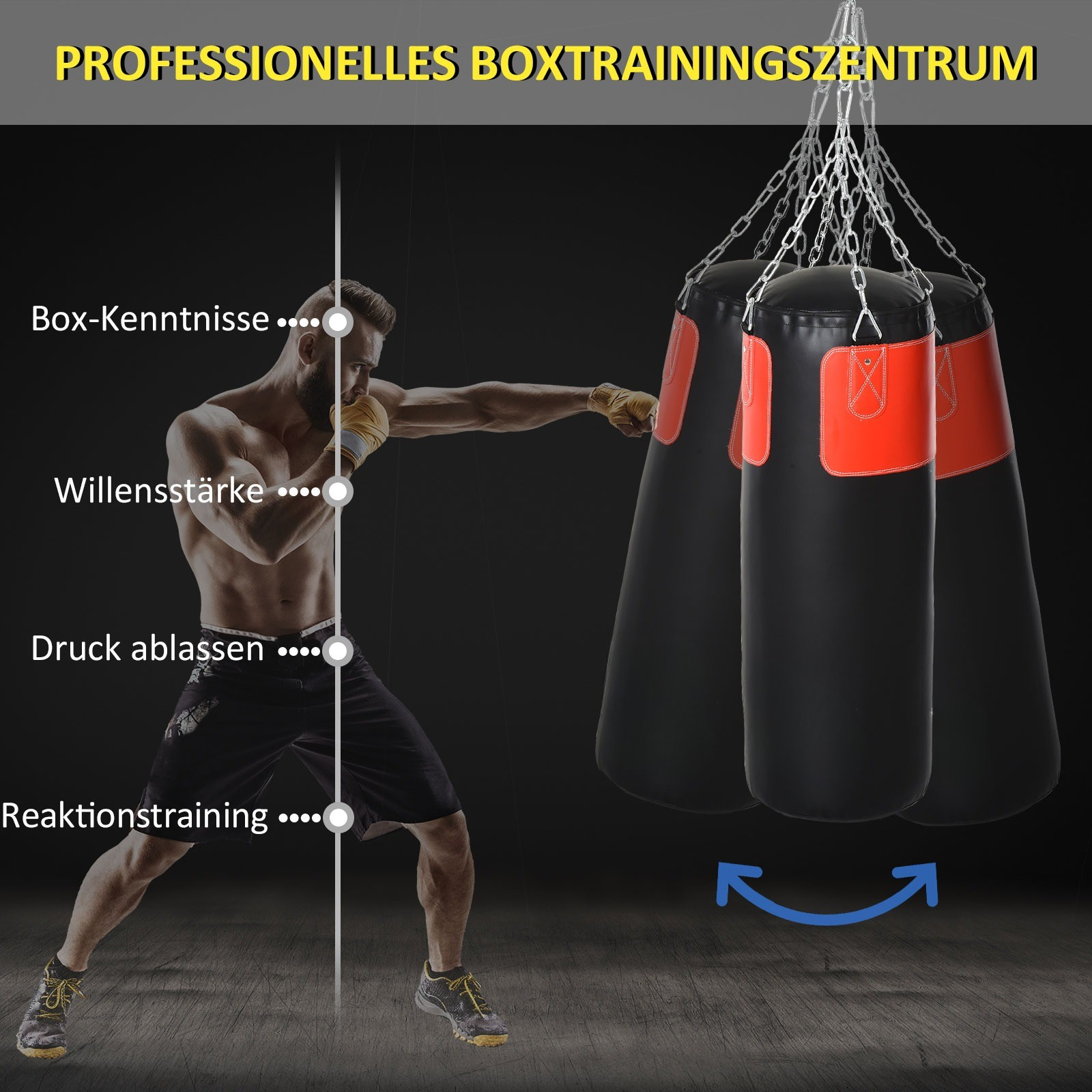 Mann boxt Boxsack. Text: Professionelles Boxtrainingszentrum.