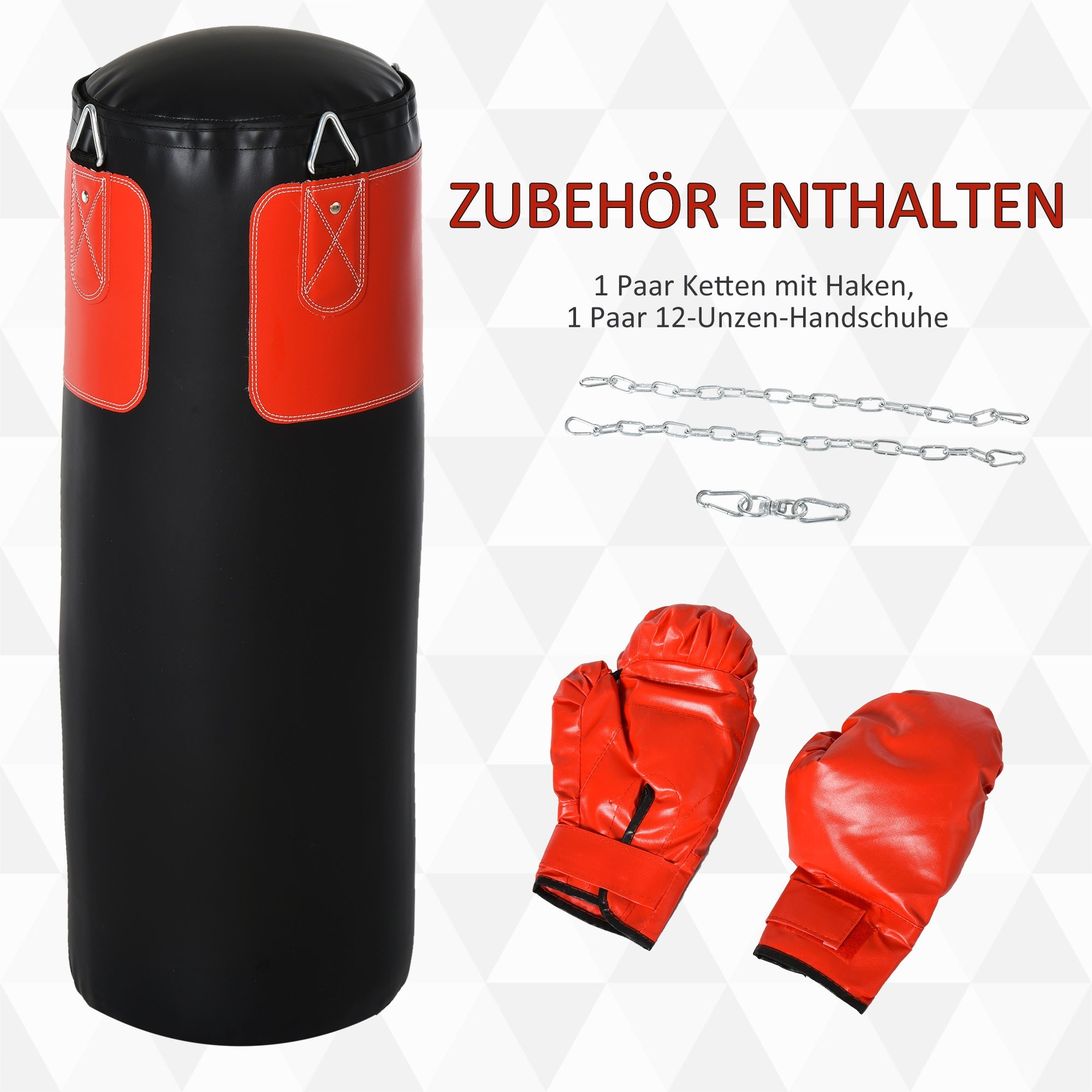 Ein schwarzer Boxsack mit roten Akzenten und roten Boxhandschuhen und Ketten. Das Zubehör ist sichtbar.