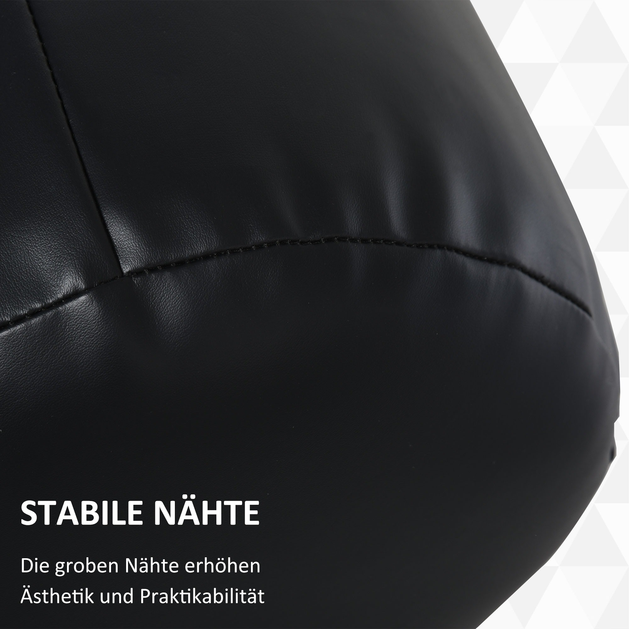 Nahaufnahme einer schwarzen Ledertasche mit weißem Text 'STABILE NÄHTE'.
