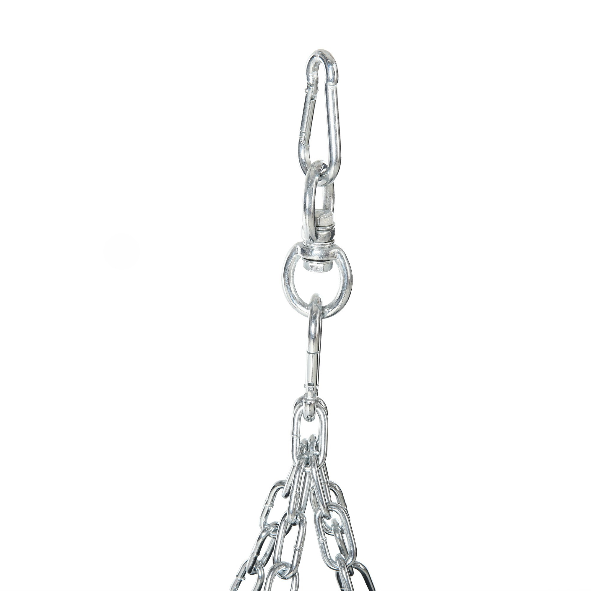 Silberne Kettenglieder hängen an einem Karabiner und Wirbel, weißer Hintergrund.