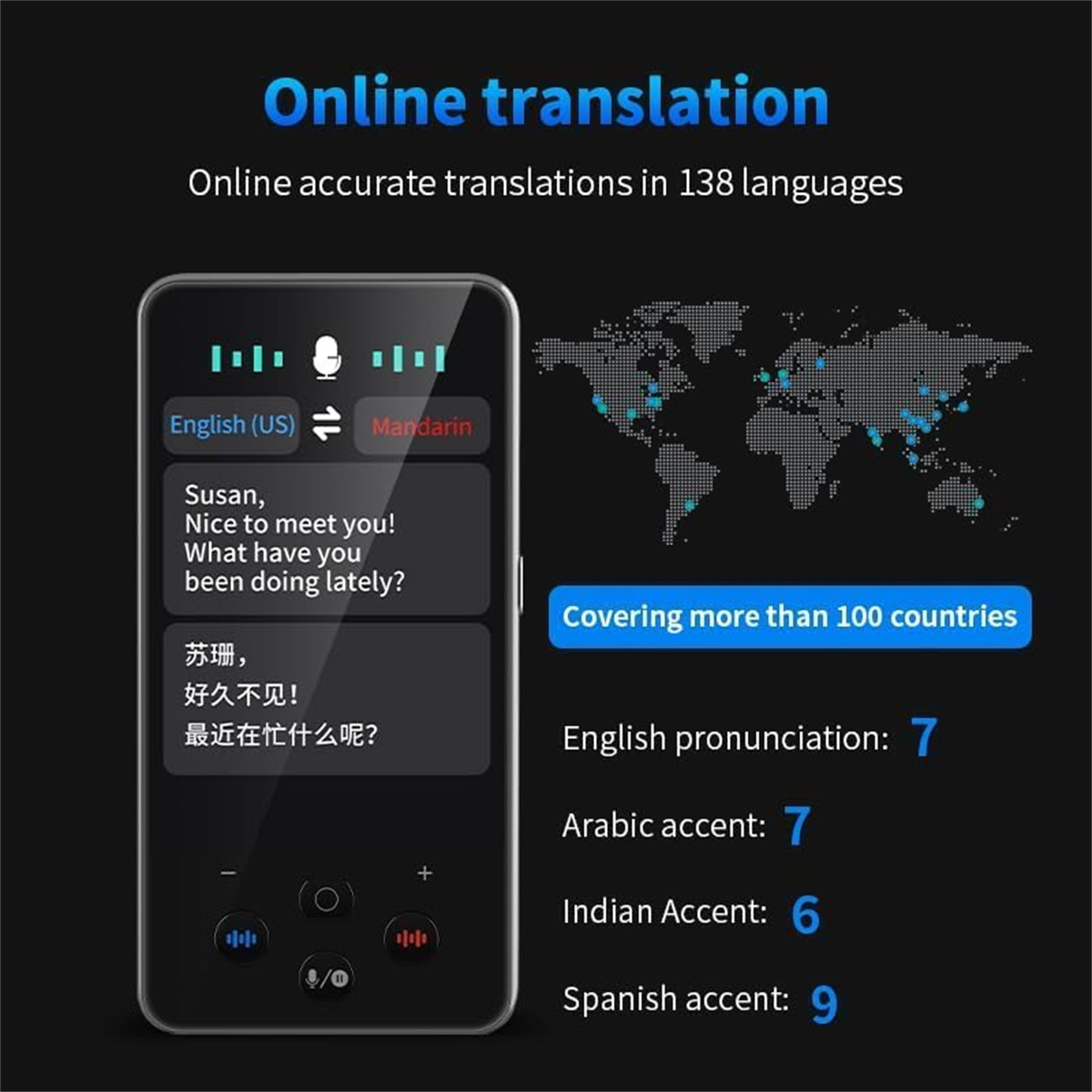 Ein mobiler Übersetzer zeigt Englisch-Mandarin-Übersetzung mit einer Weltkarten-Grafik.