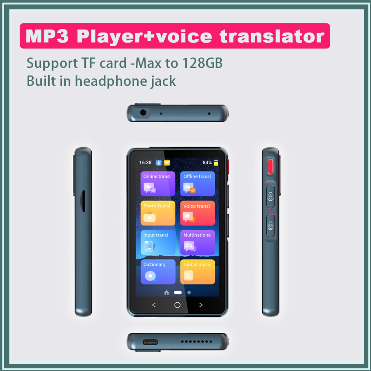 MP3-Player mit mehreren Ansichten. Bildschirm zeigt Optionen. Blaues und rotes Design. Weißer Hintergrund.