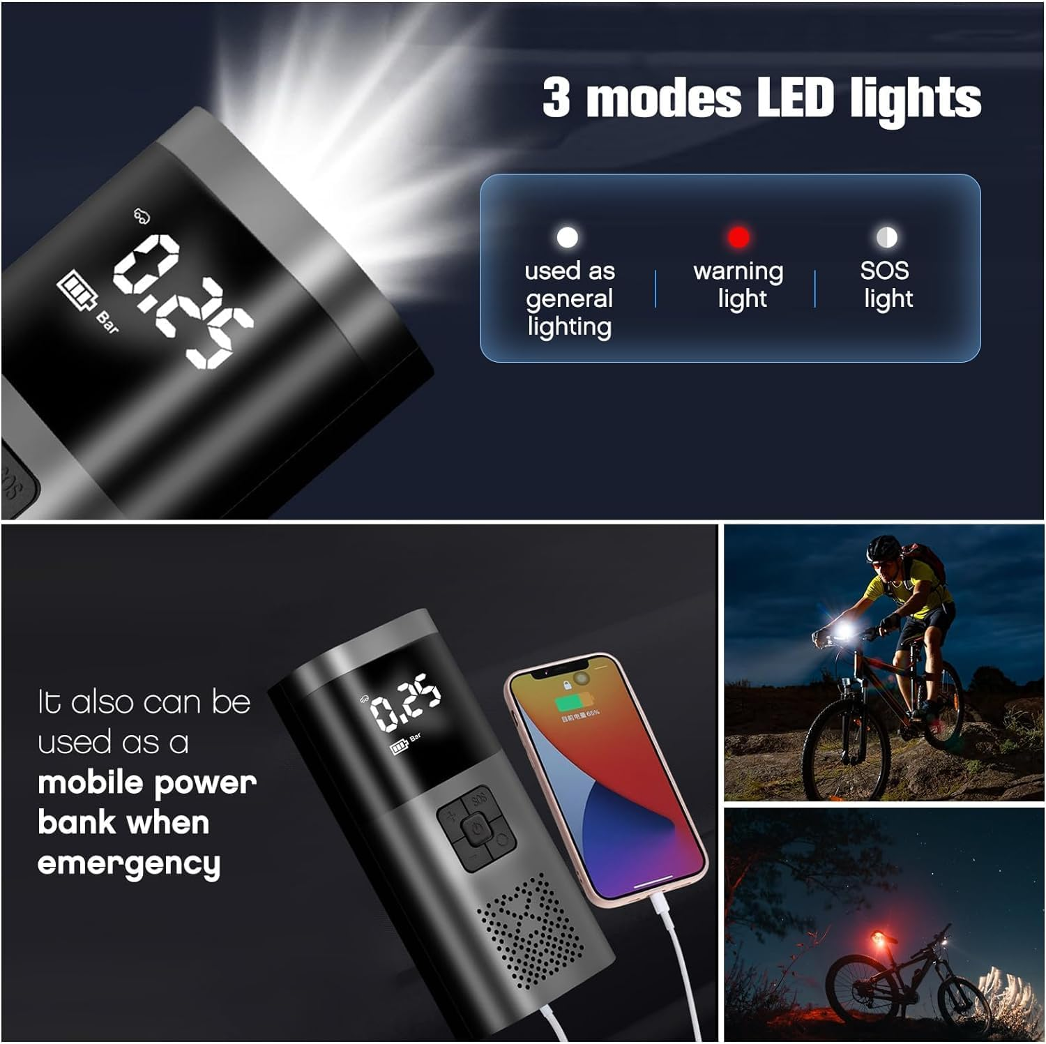 Schwarzes Gerät mit Anzeige 0,25 Bar. Infografik mit 3 LED-Lichtmodi. Mehrere Fotos von Anwendungsfällen.