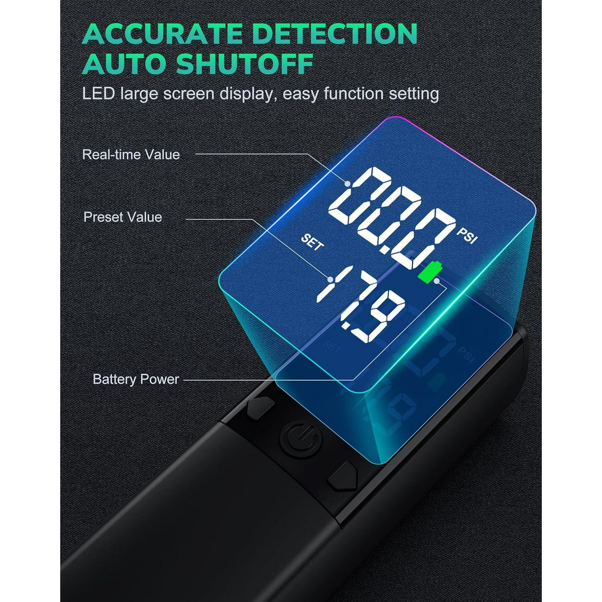 Digitalanzeige mit PSI, Voreinstellung und Batterieleistung auf schwarzem Gerät.