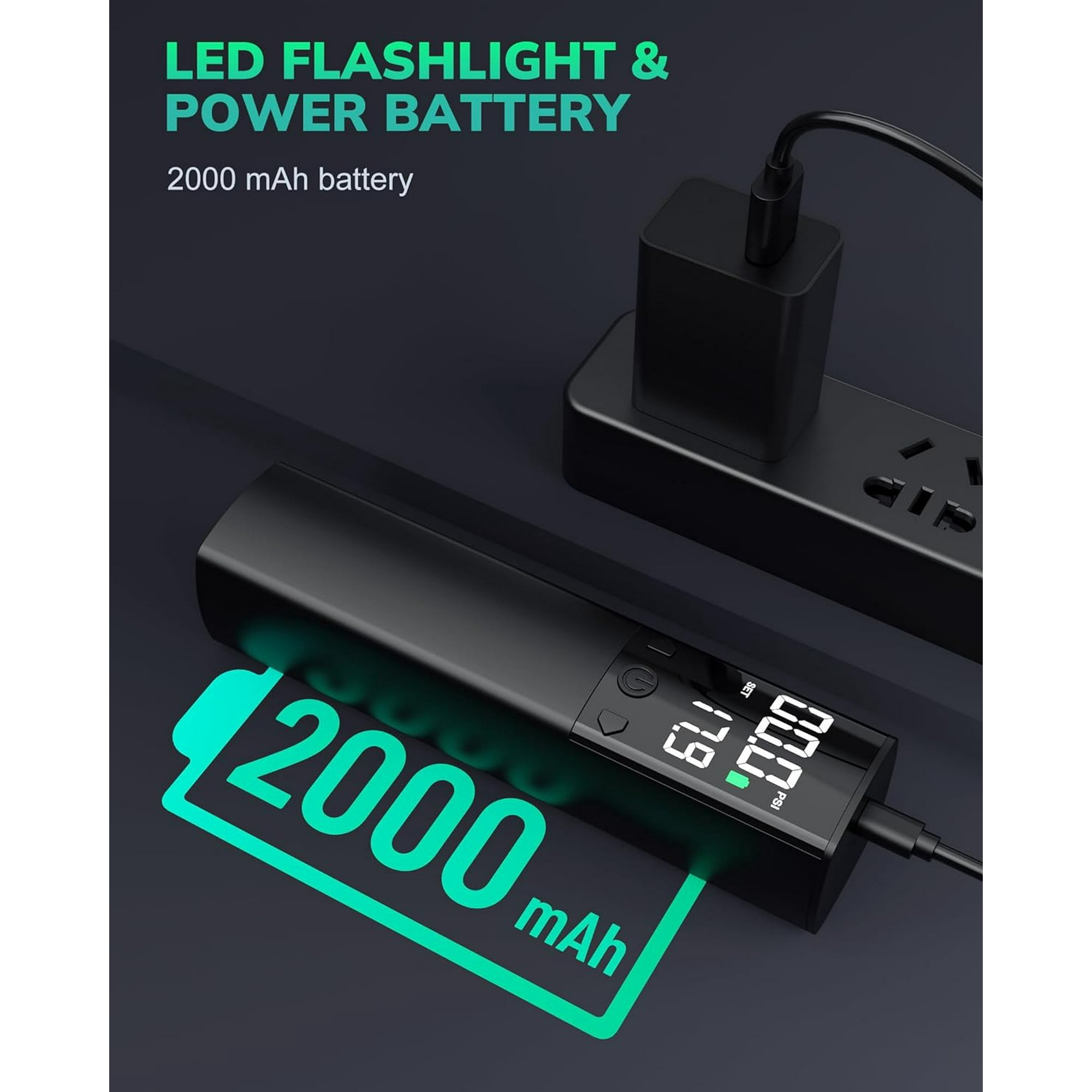 Schwarzes Gerät mit Digitalanzeige, zeigt Batterie und Leistung.