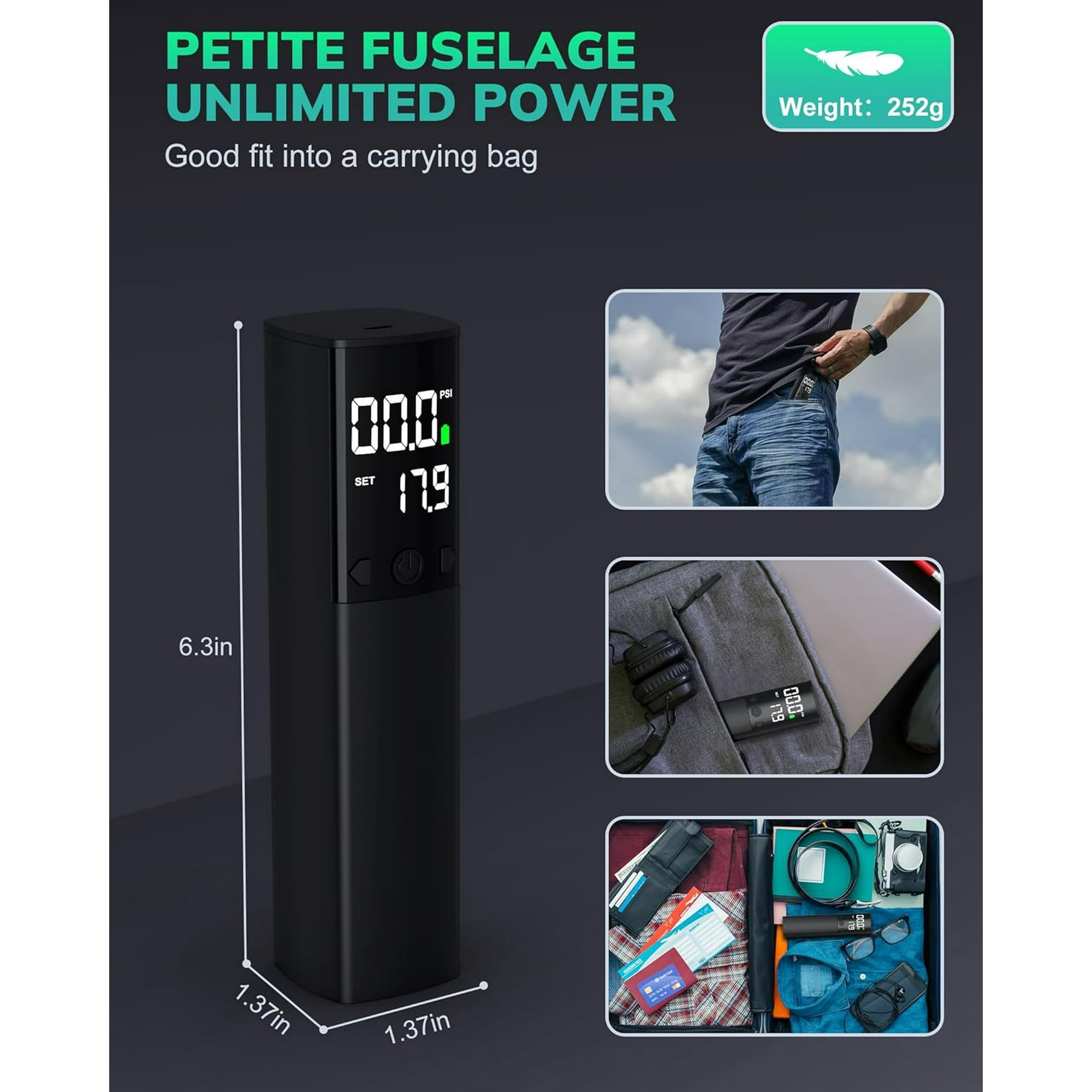 Schwarze tragbare Luftpumpe mit Digitalanzeige, Abmessungen und Beispielbildern der Verwendung.