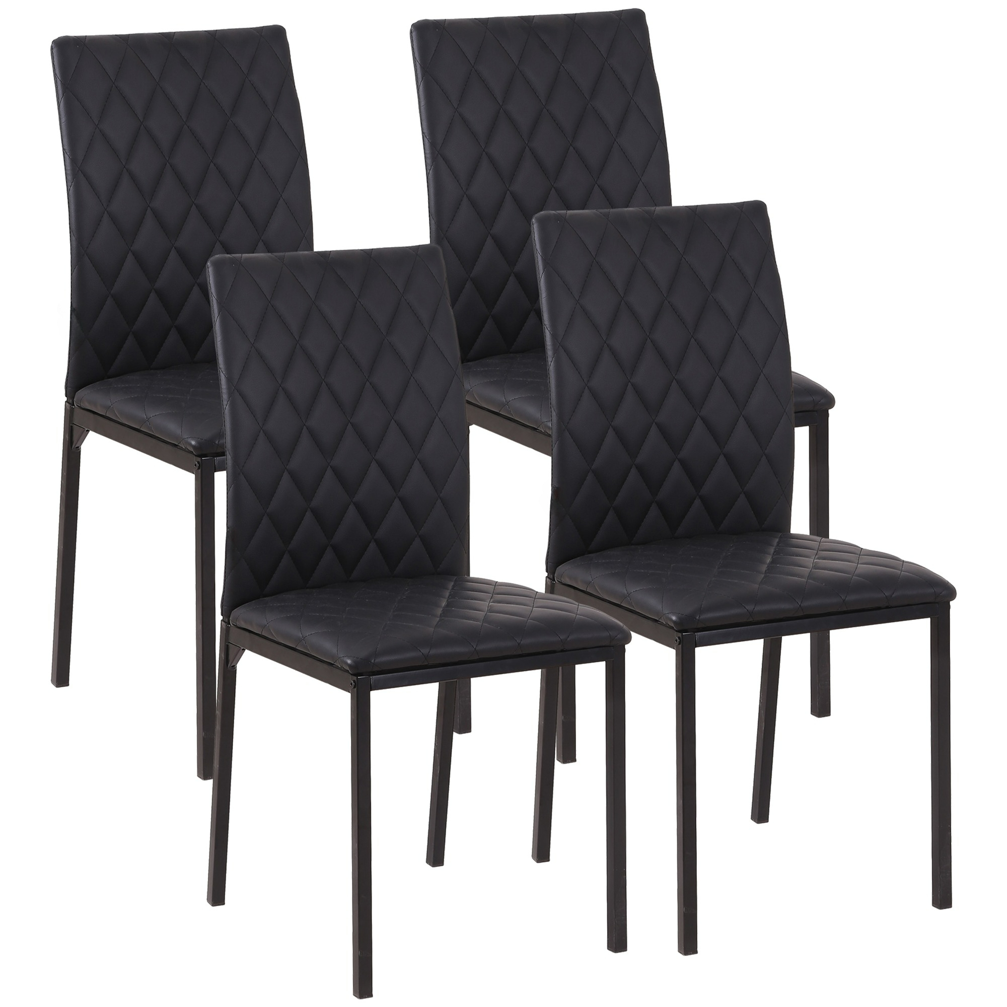 Vier schwarze Stühle mit rautenförmigen Sitzen und schwarzen Metallbeinen, auf weißem Hintergrund.
