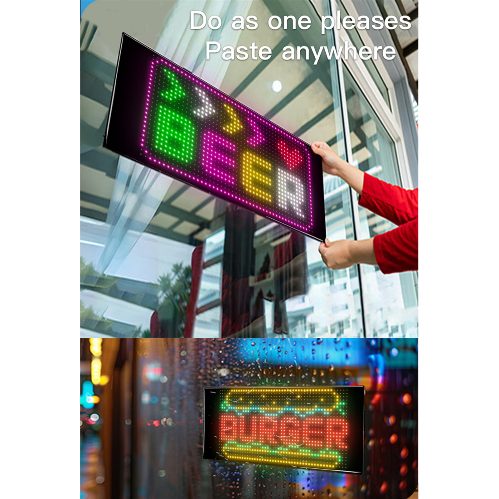 Schild mit LED-Lichtern: BIER und BURGER, an einem Fenster platziert.