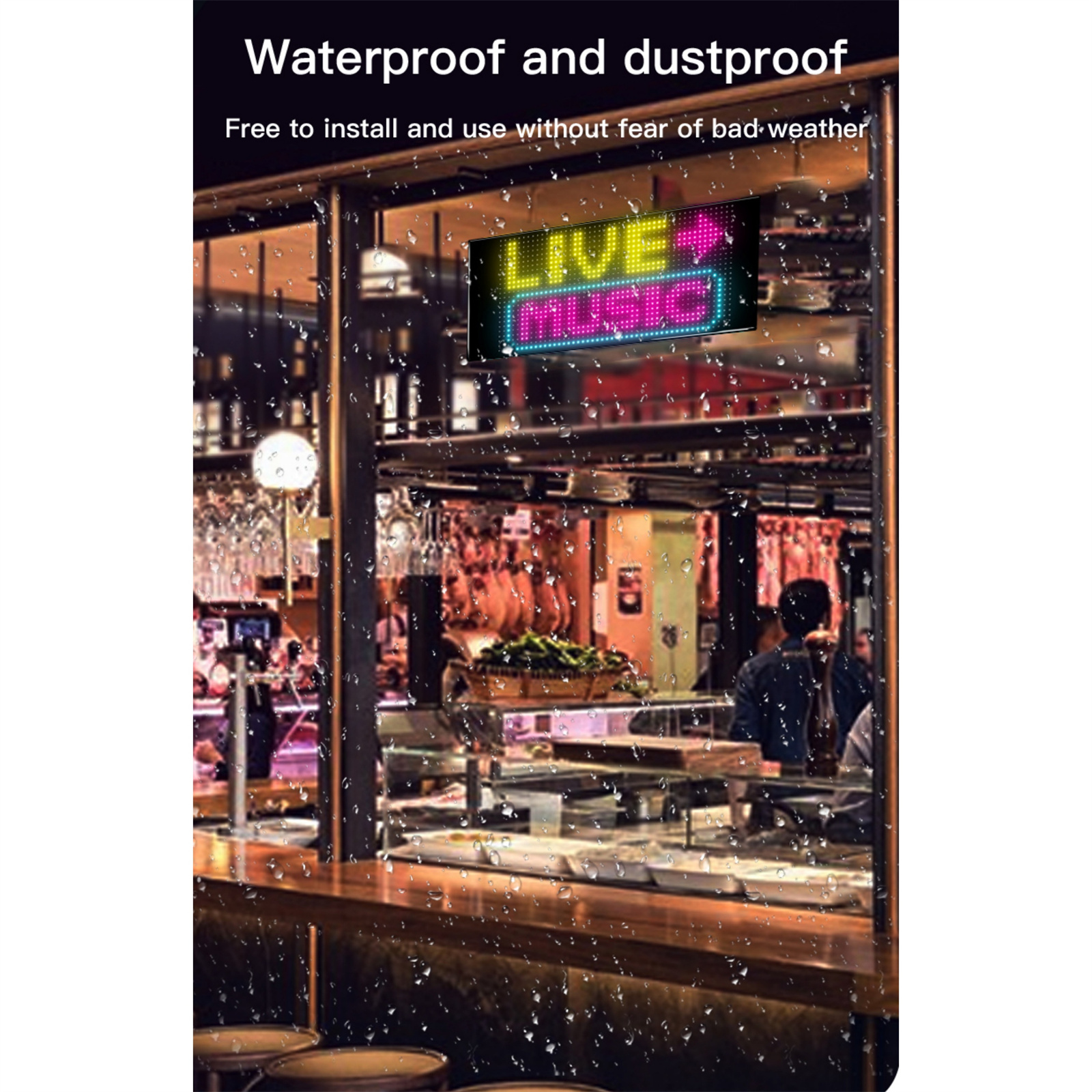 Schild in einer Bar mit der Aufschrift 'LIVE MUSIC'. Regentropfen auf dem Glas. Verschwommener Hintergrund.