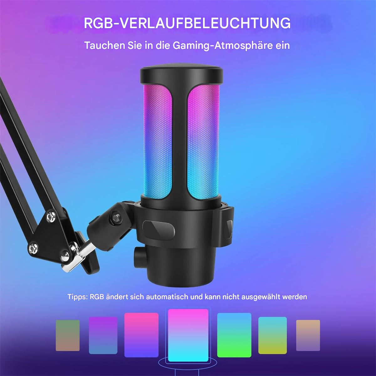 Schwarzes und farbenfrohes Mikrofon mit RGB-Beleuchtung. Ein Gaming-Setup.