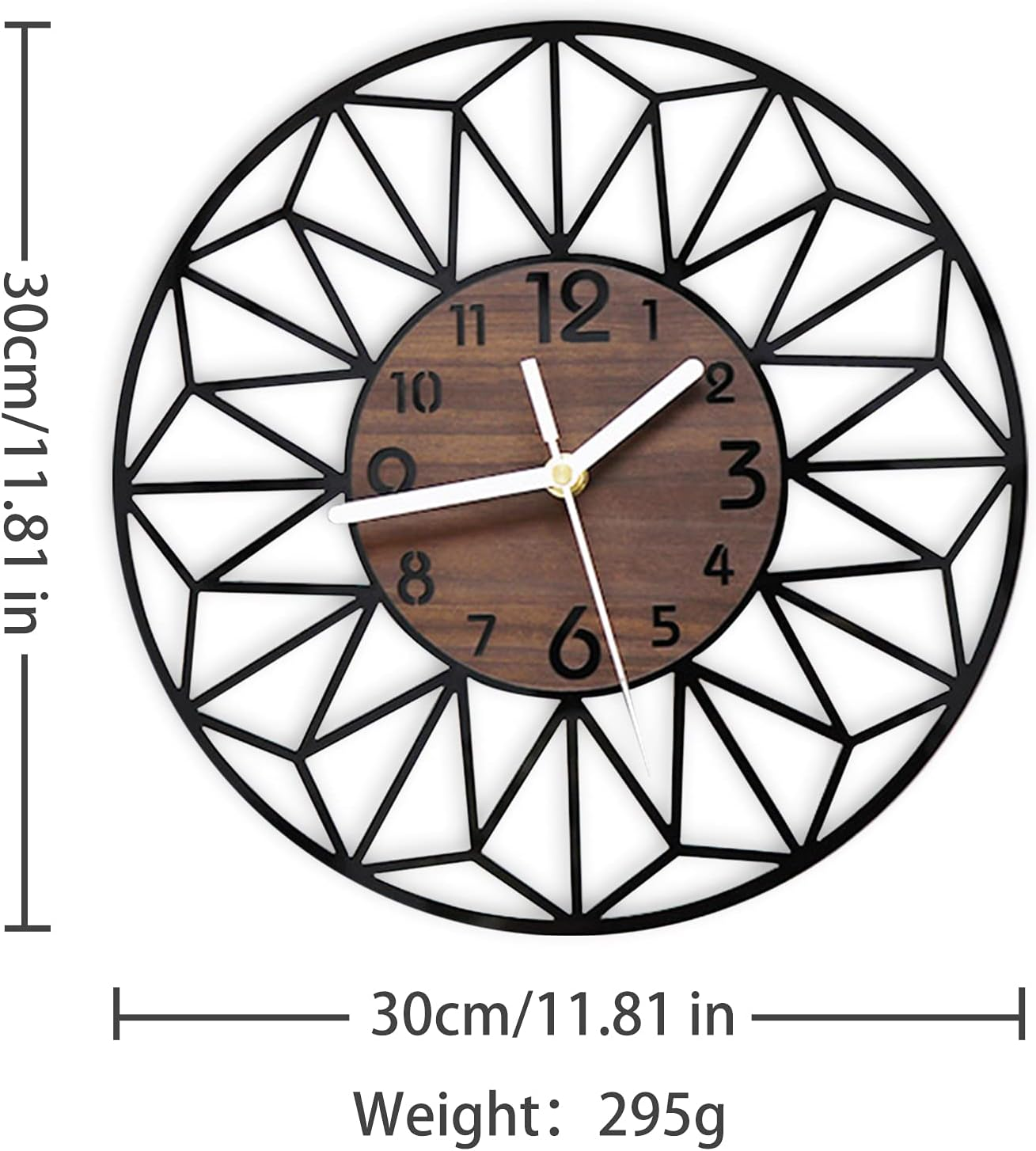 Schwarze und braune geometrische Wanduhr mit weißen Zeigern. Abmessungen sind 30 cm. Weißer Hintergrund.