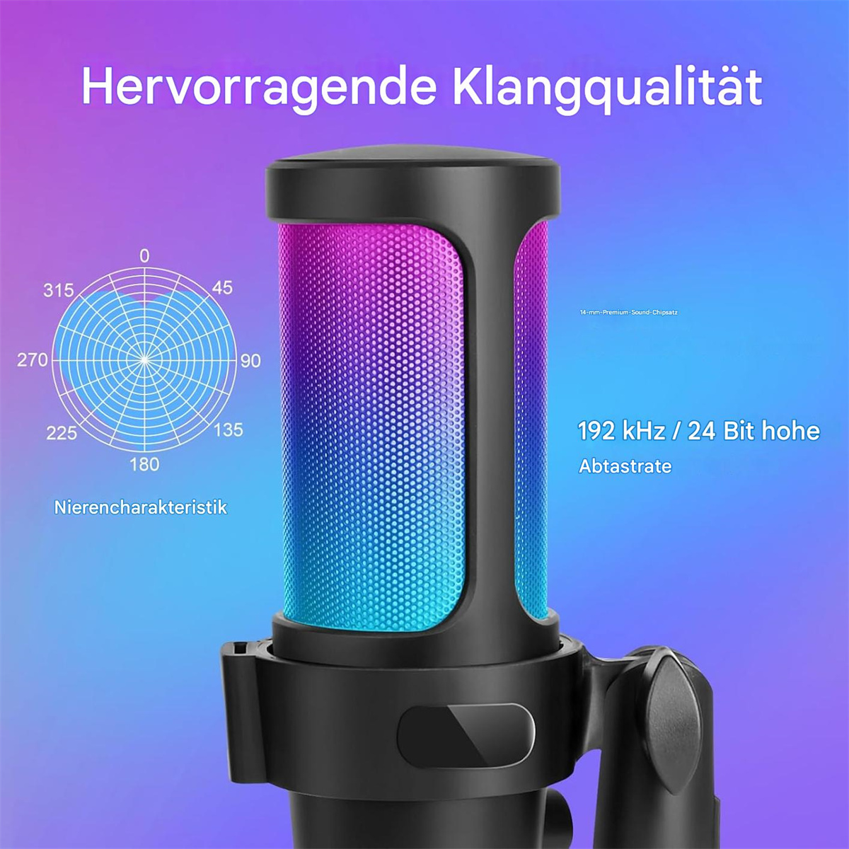Schwarzes und blaues Mikrofon mit farbigem Lichtmuster, schwarzem Ständer. Weißer Hintergrund.