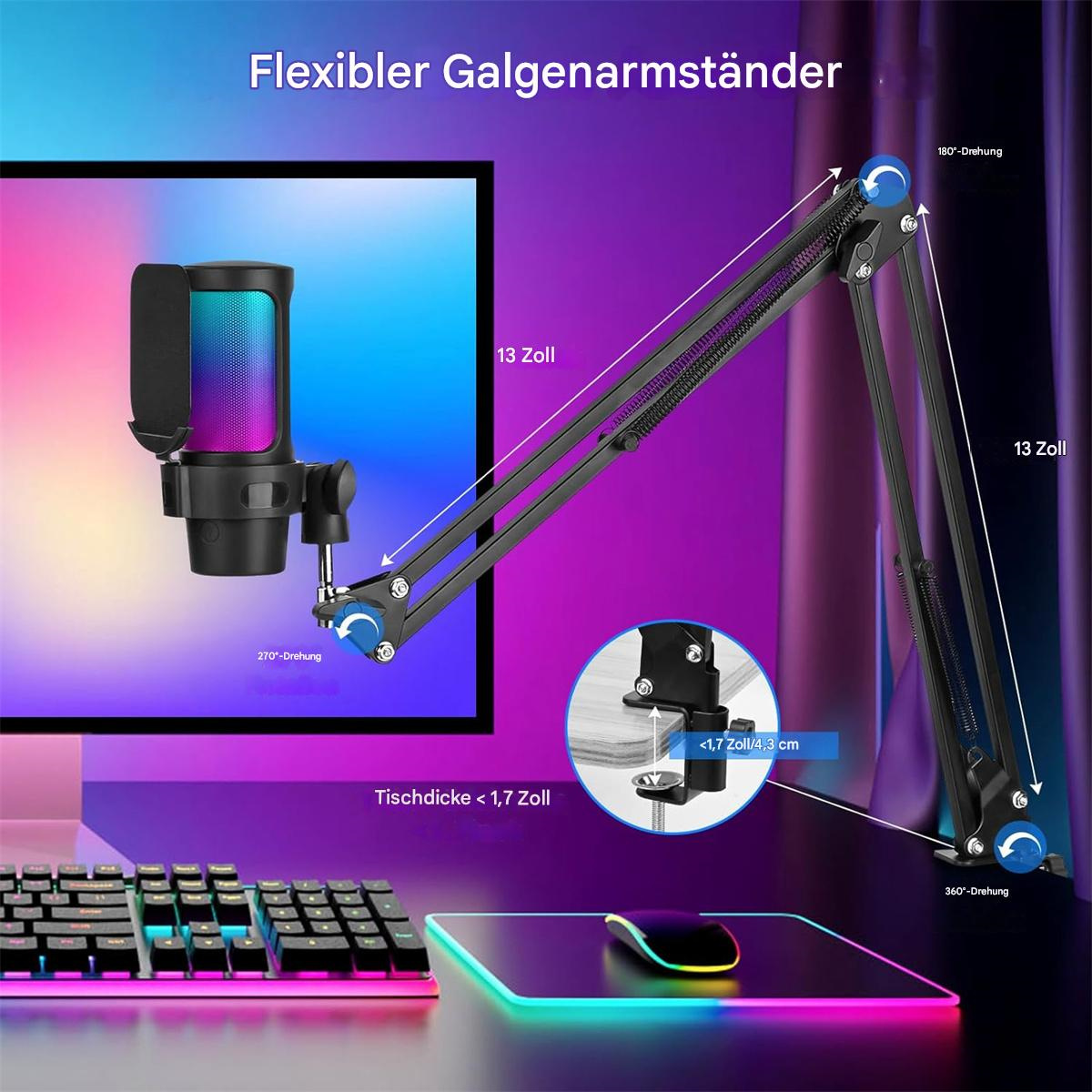 Schwarzes Mikrofon auf einem flexiblen Ständer, eine Tastatur und eine Maus auf einer farbwechselnden Matte.