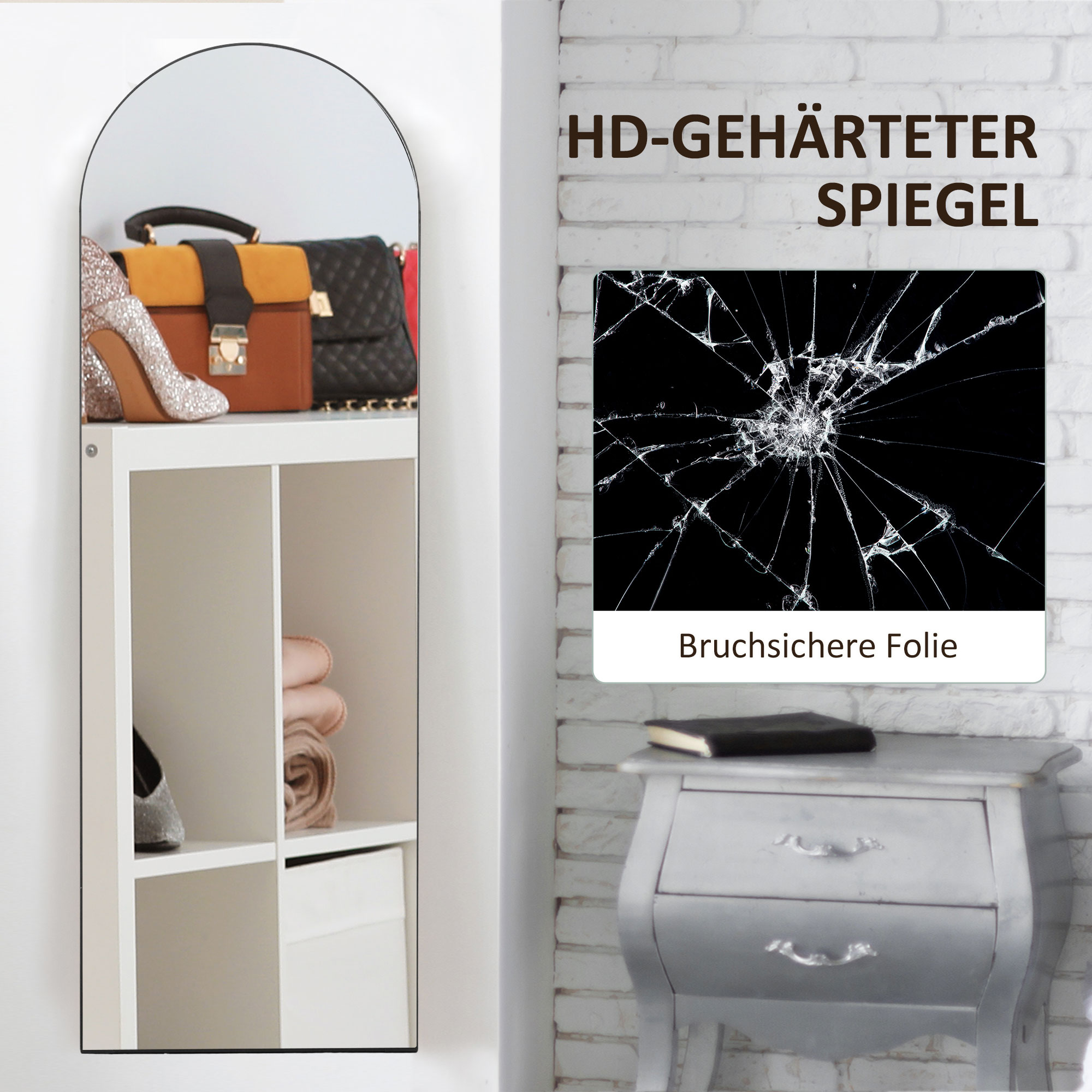 Spiegel mit Regal mit Schuhen und Taschen. Grafik auf der rechten Seite.