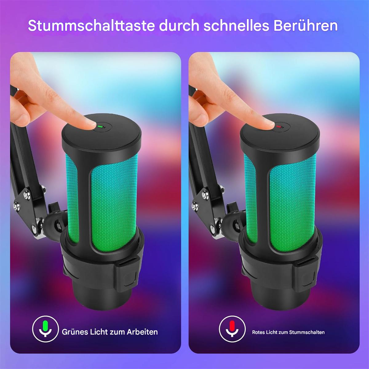 Zwei Mikrofone, eines mit grünem Licht und das andere mit rotem Licht. Text zeigt Stummschaltfunktion.
