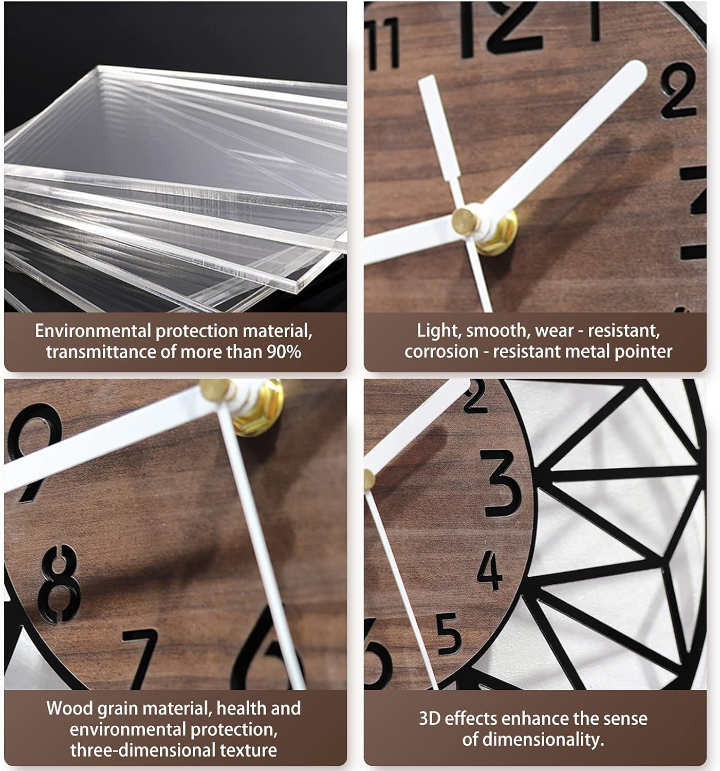Nahaufnahmedetails einer Holzuhr, die Material und Design zeigen.