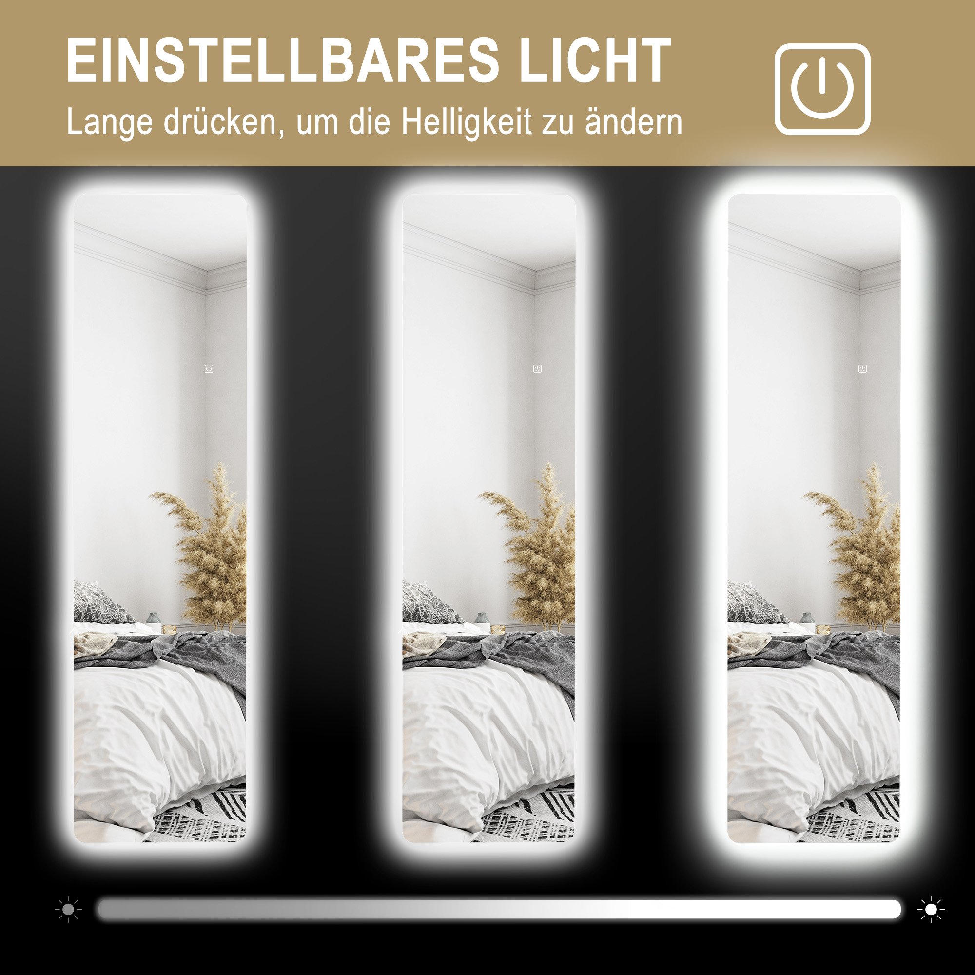 Drei Spiegel mit Lichtern. Sie sind auf schwarzem Hintergrund. Text sagt einstellbares Licht auf Deutsch.