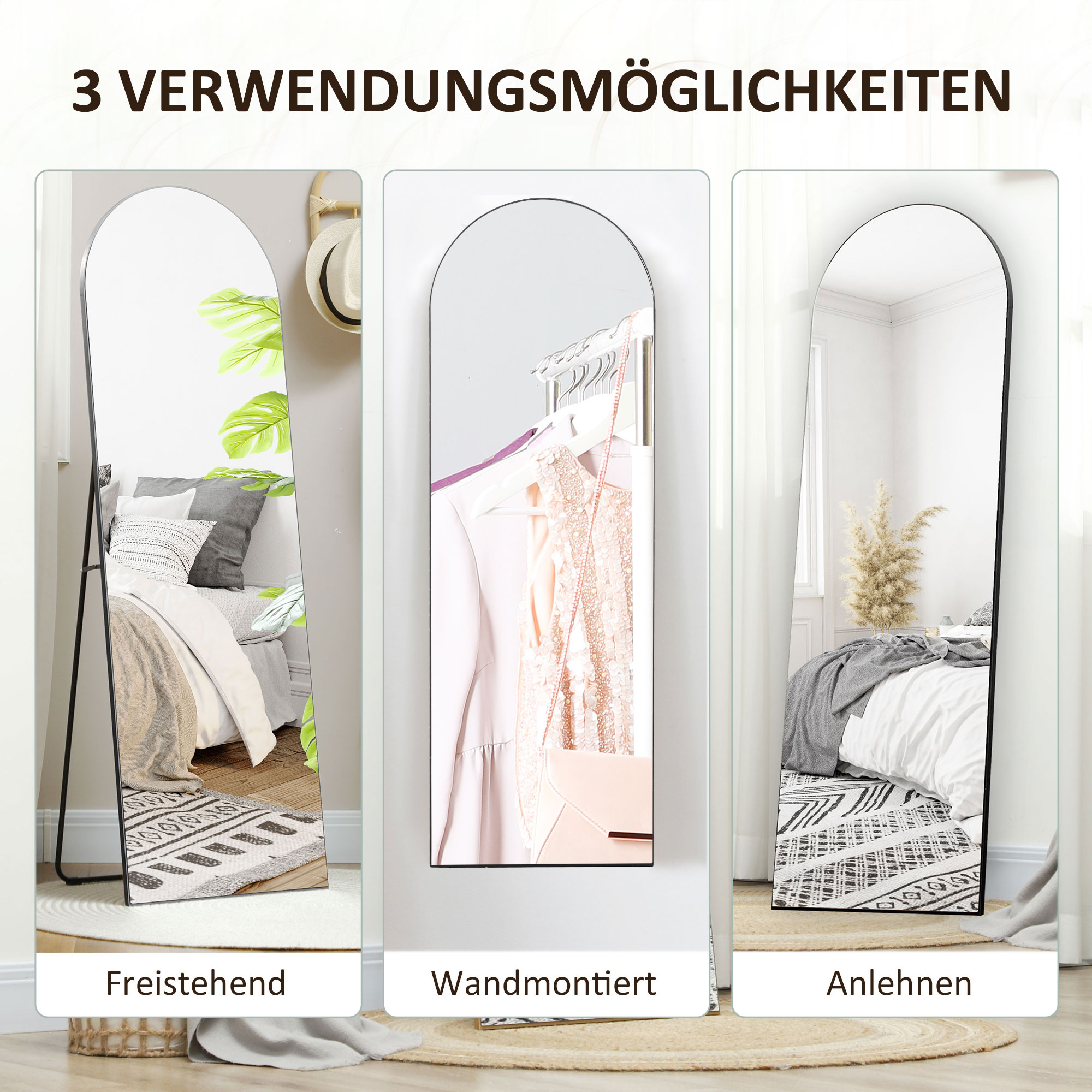 Drei Ganzkörperspiegel. Einer freistehend, einer wandmontiert und einer angelehnt.