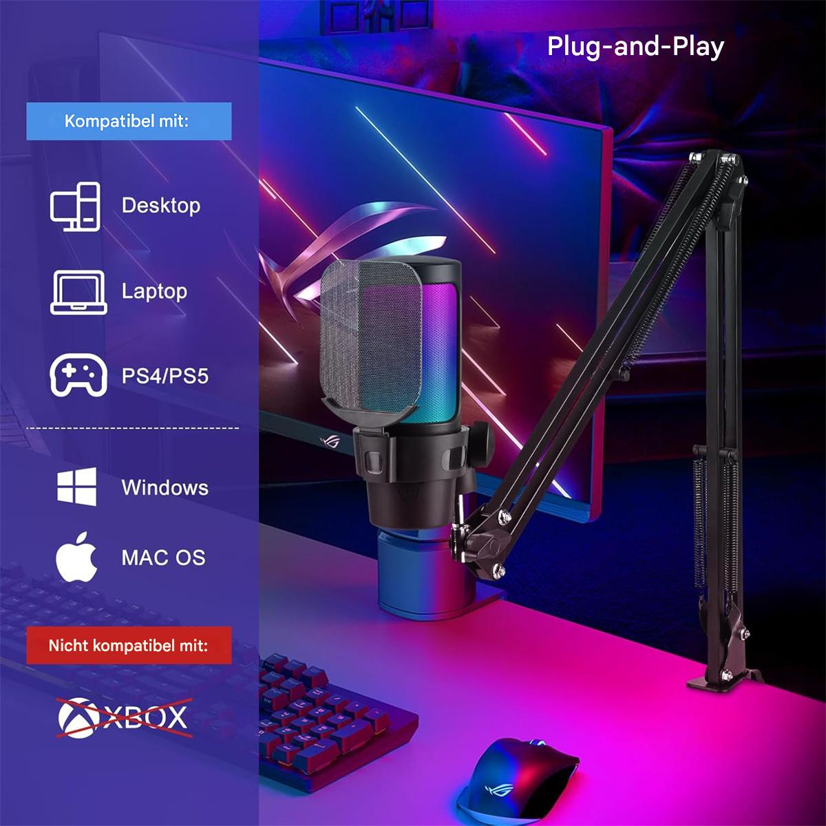Gaming-Mikrofon mit Ständer, kompatibel mit Desktop, Laptop, PS4/PS5, Windows und MAC OS.