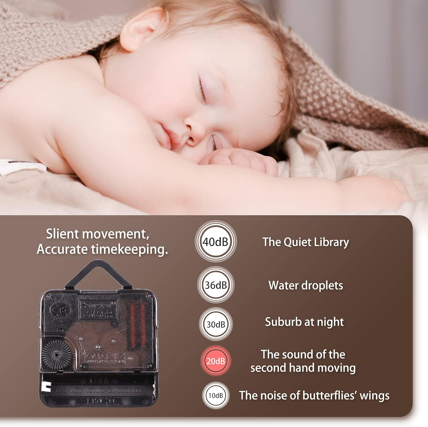 Baby schläft unter einer Decke, mit einem Uhrwerk und Schallpegelanzeigen.