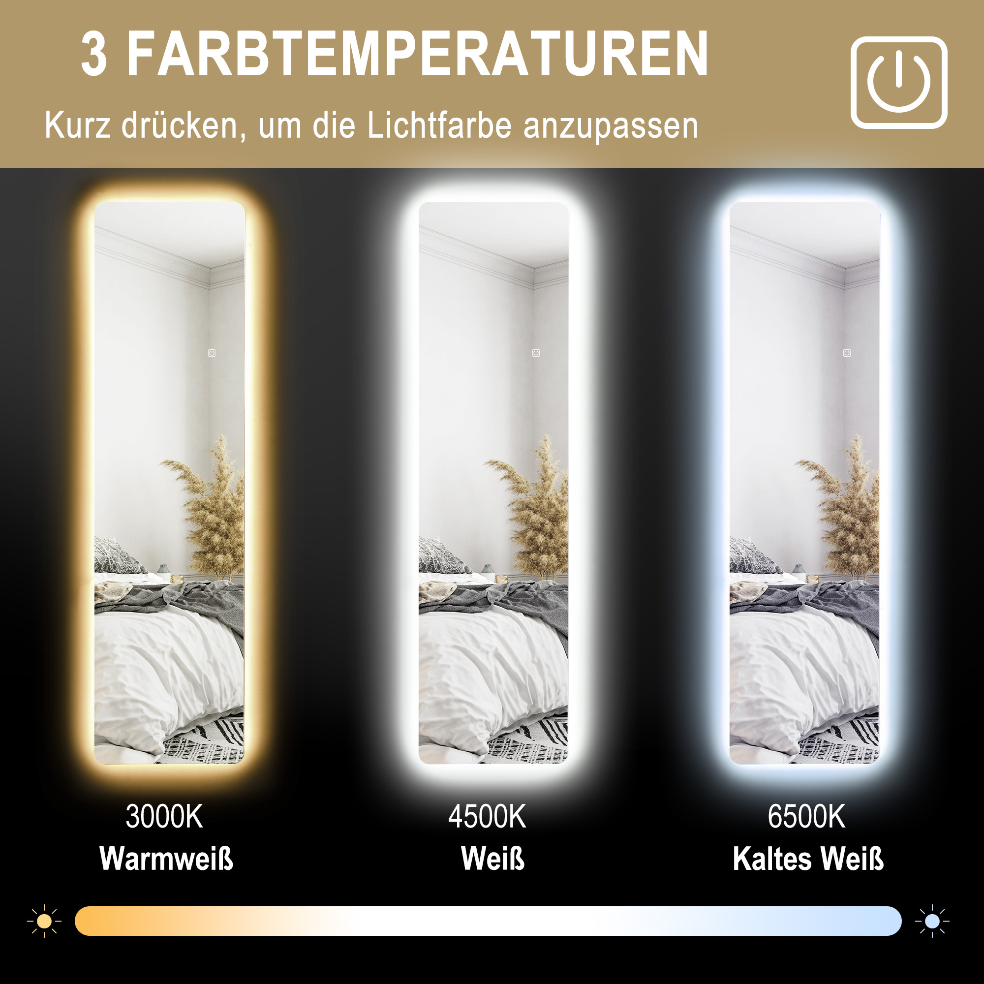 Drei beleuchtete Spiegel, die verschiedene Weißlichtfarben zeigen: warm, weiß und kühl.