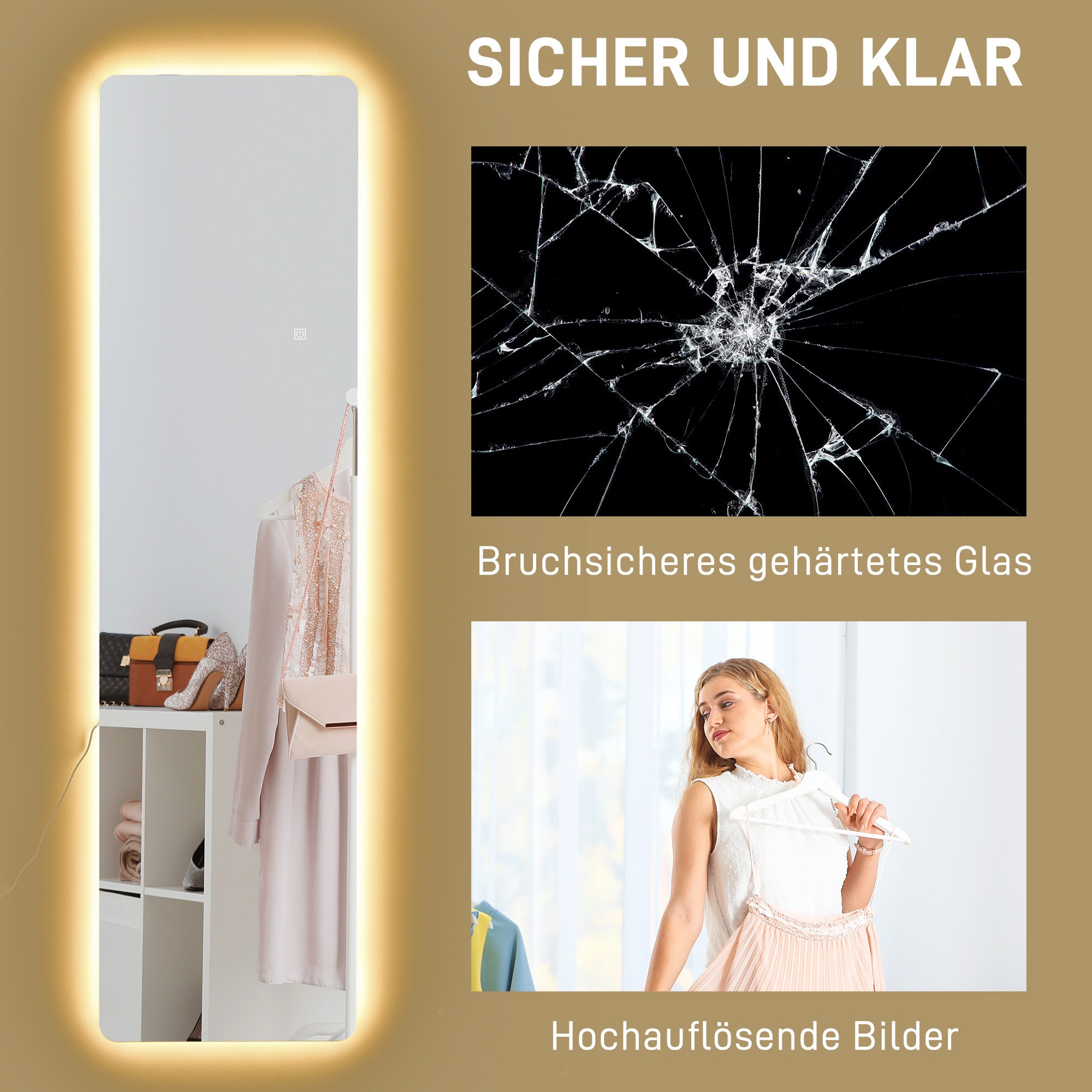 Ein hoher beleuchteter Spiegel steht in der Nähe eines Regals mit Kleidung und einer Handtasche. Text weist auf Sicherheit und Klarheit hin.