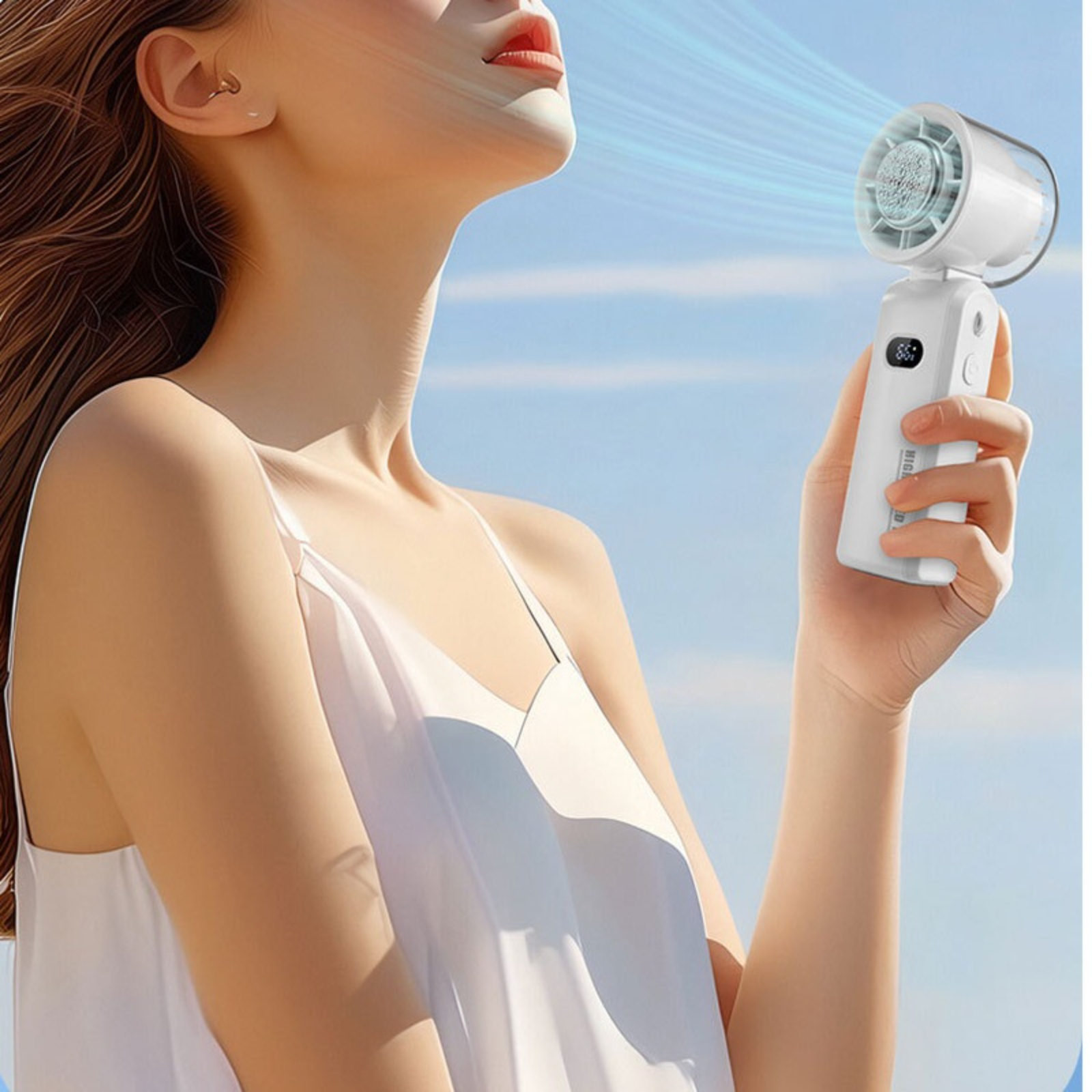 Eine Frau hält einen kleinen, weißen Handventilator. Sie ist draußen unter blauem Himmel.