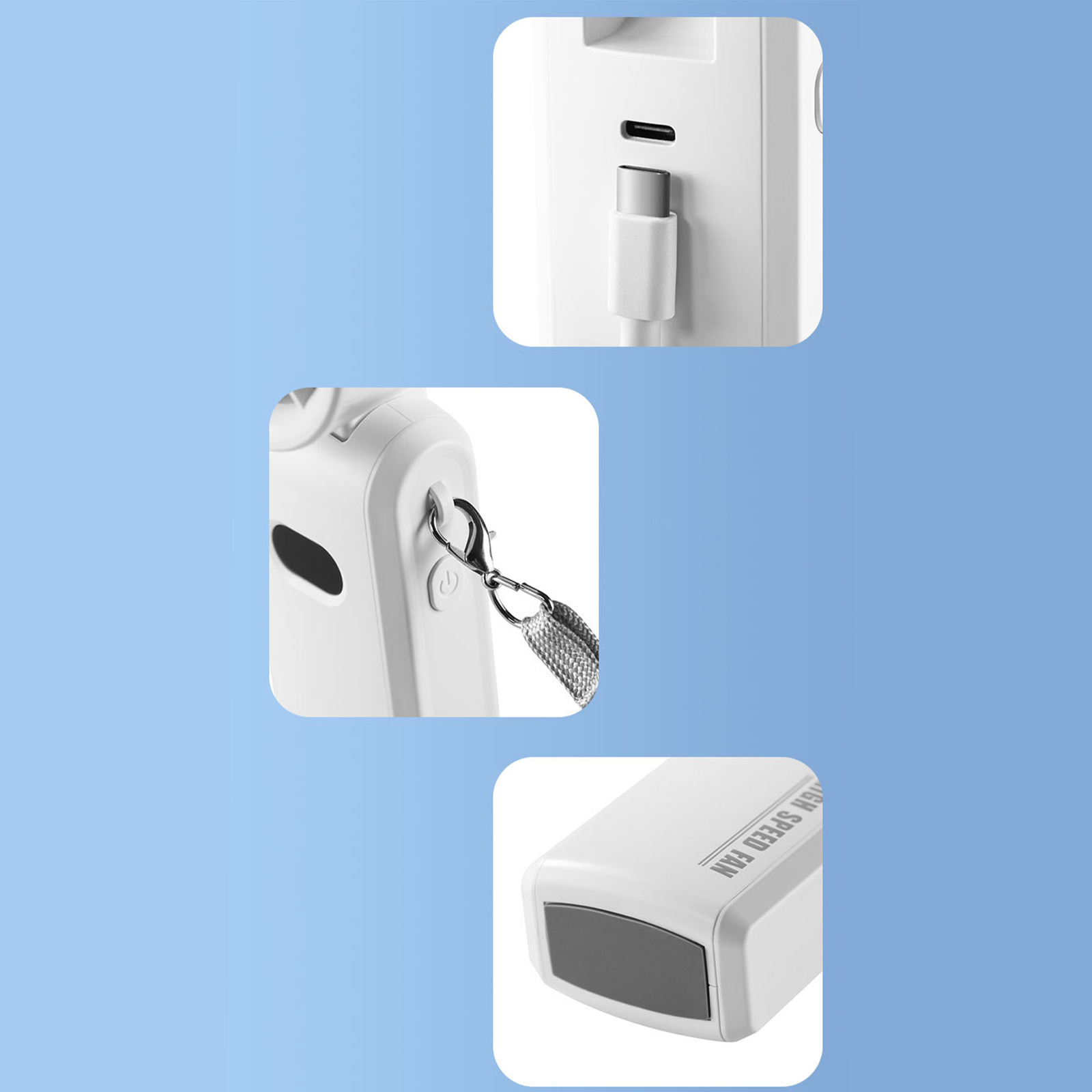 Drei Details eines weißen Geräts. Es hat einen USB-C-Anschluss, eine silberne Schlaufe und einen Lautsprechergrill.