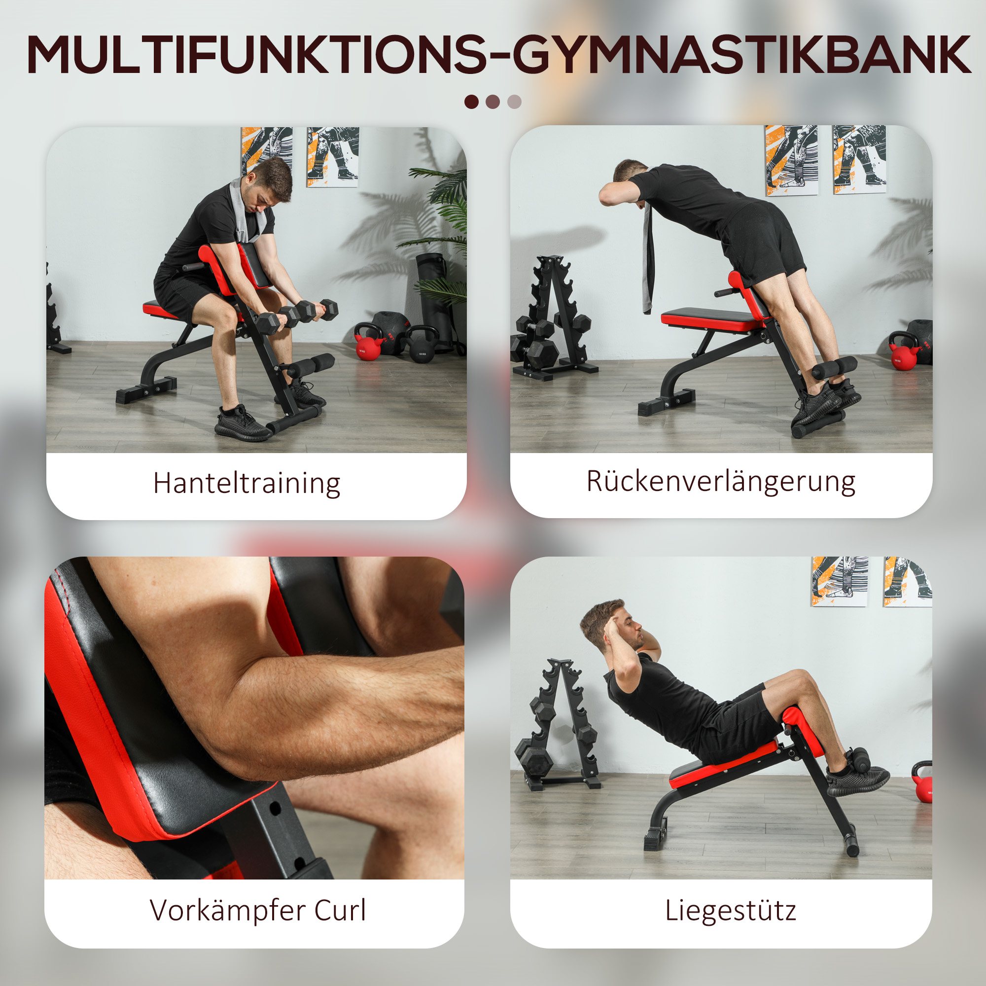 Diagramm einer multifunktionalen Gymnastikbank, mit Personen, die Übungen darauf machen.