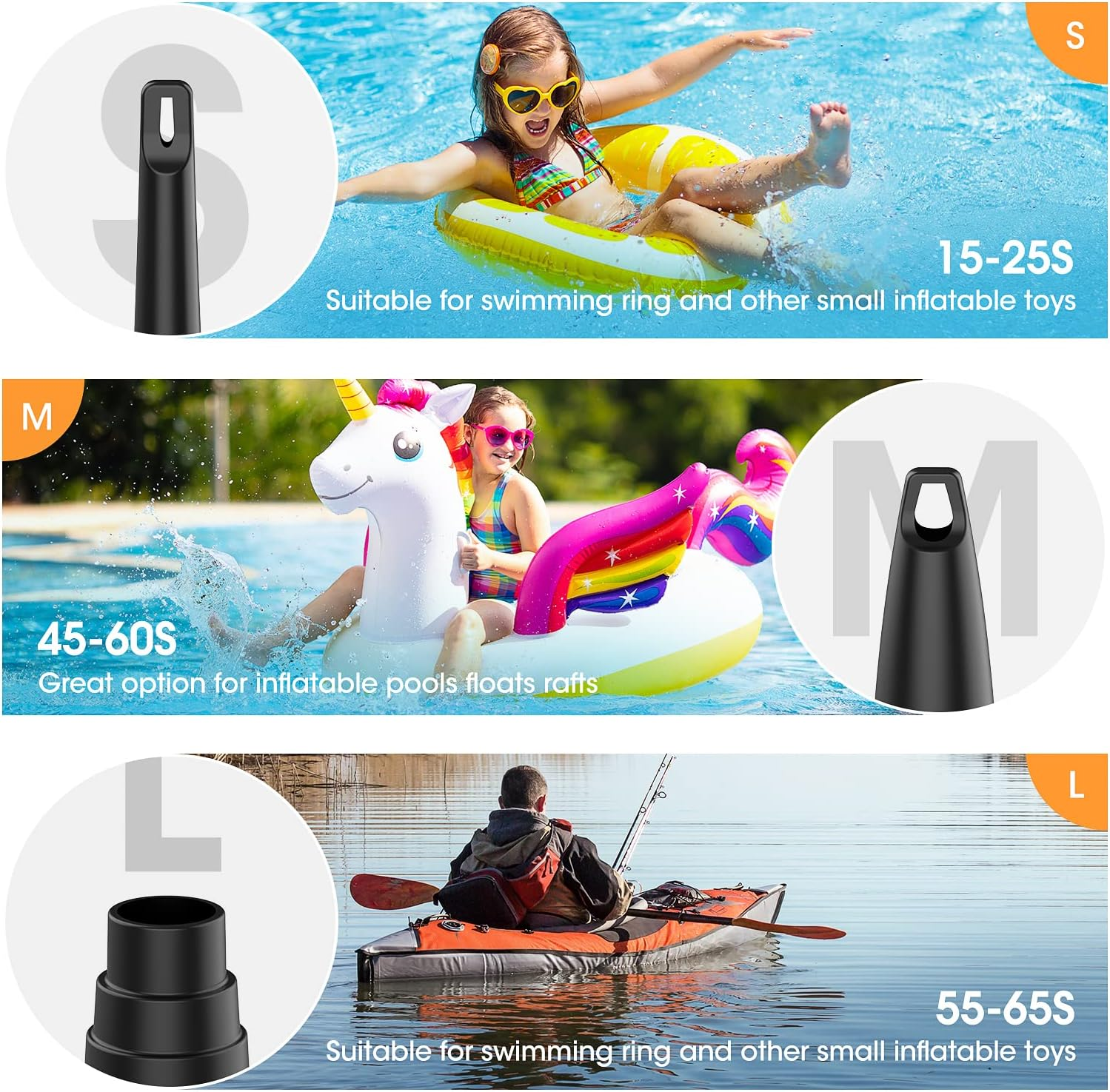 Drei Bilder, die aufblasbare Spielzeugdüsen vergleichen. Verschiedene Größen für Schwimmringe und aufblasbare Pools.