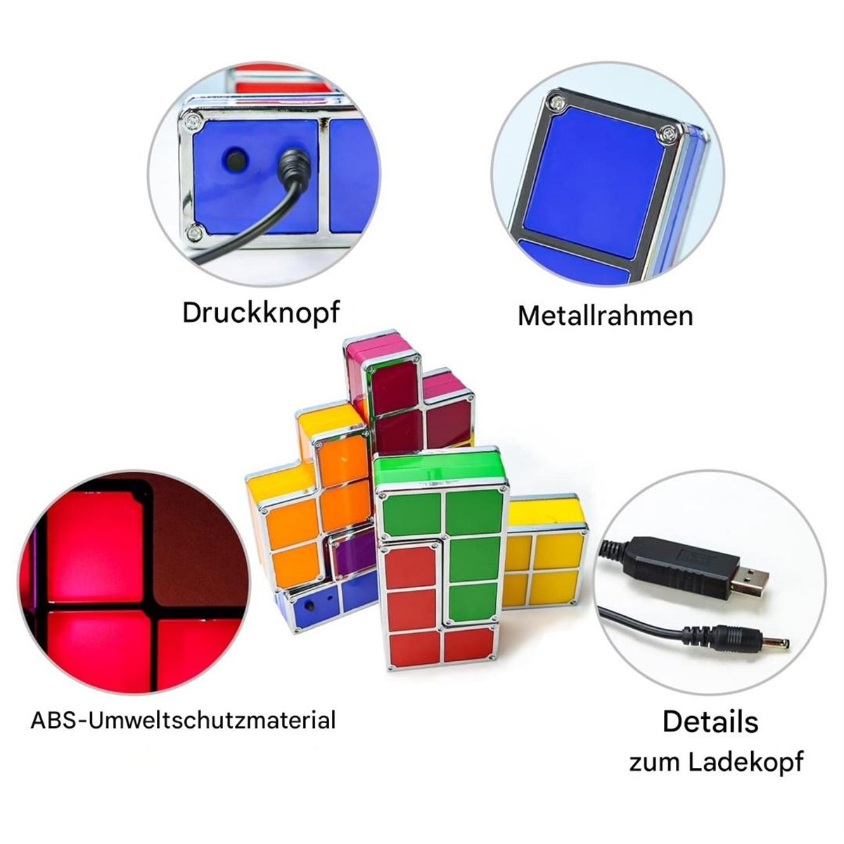 Ein mehrfarbiger Puzzle-Würfel mit Details von Knopf, Metallrahmen und Ladeinformationen.
