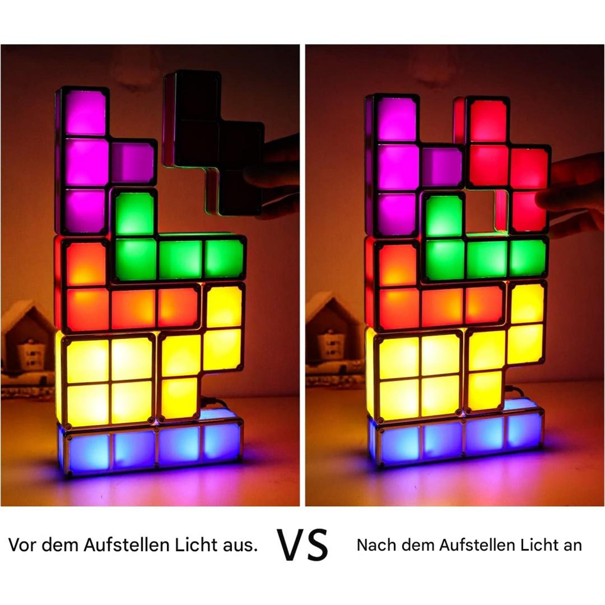 Tetris-ähnliche, leuchtende Blöcke, ein- und ausgeschaltet gezeigt. Die Lichter sind in verschiedenen Farben. Eine Hand ist in der Nähe.