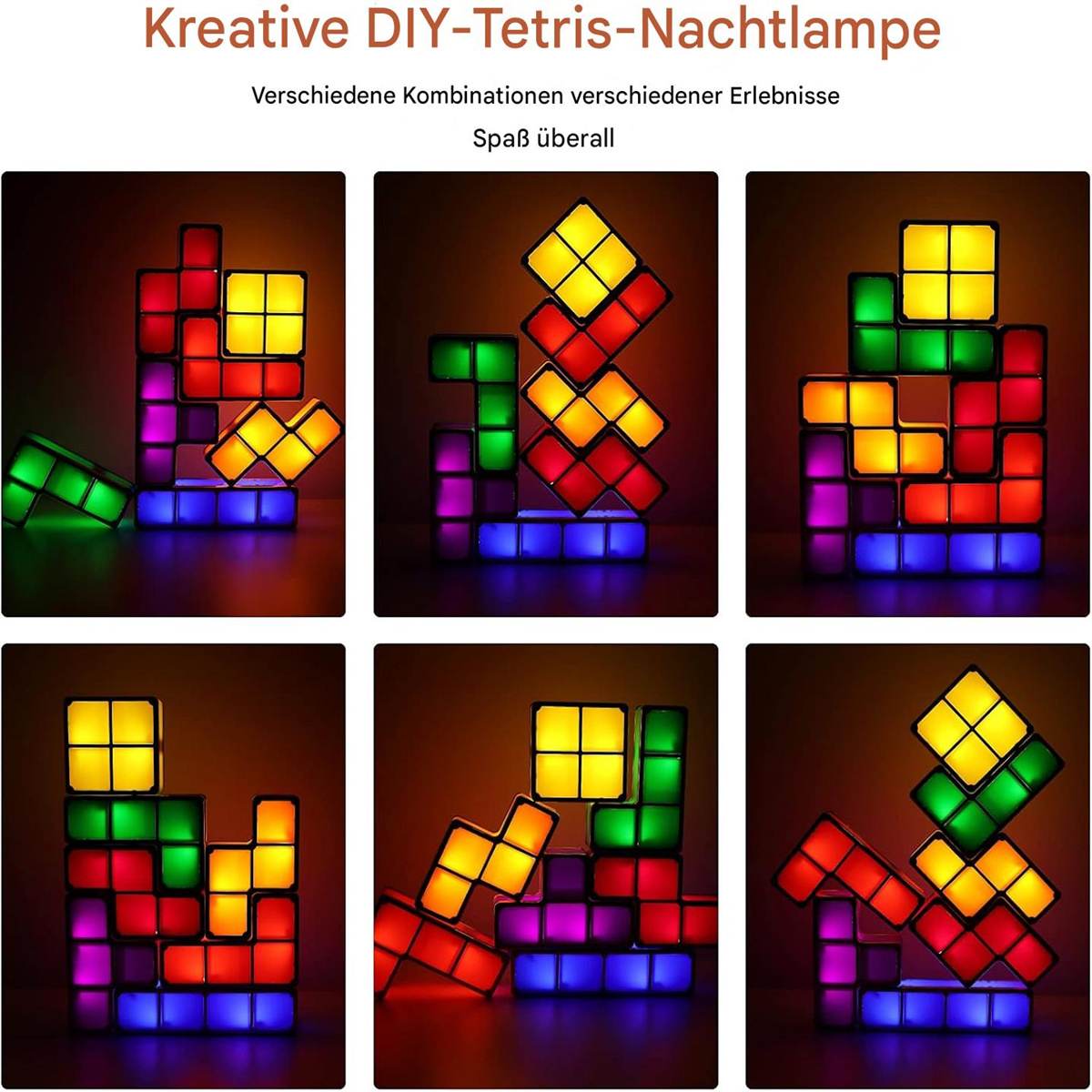 Sechs Bilder von bunten Tetris-ähnlichen Blöcken, die auf einer dunklen Oberfläche beleuchtet sind.