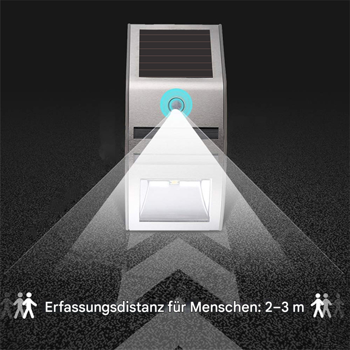 Solarbetriebene Außenleuchte. Weißer Lichtstrahl, zentriert. Schwarzer Hintergrund. Text: 'Erfassungsdistanz für Menschen: 2-3 m'.