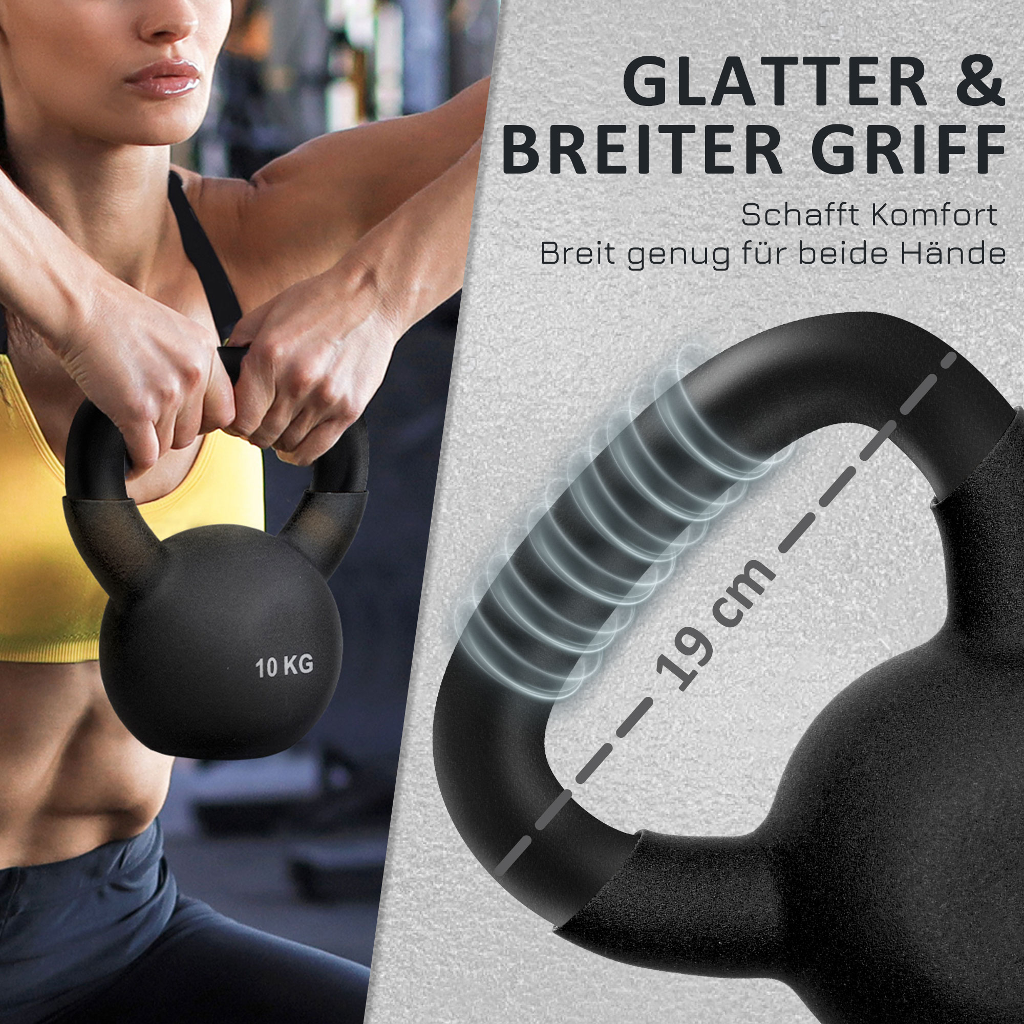 Frau hält eine schwarze 10 kg Kettlebell. Nahaufnahme des Griffs mit deutschem Text.