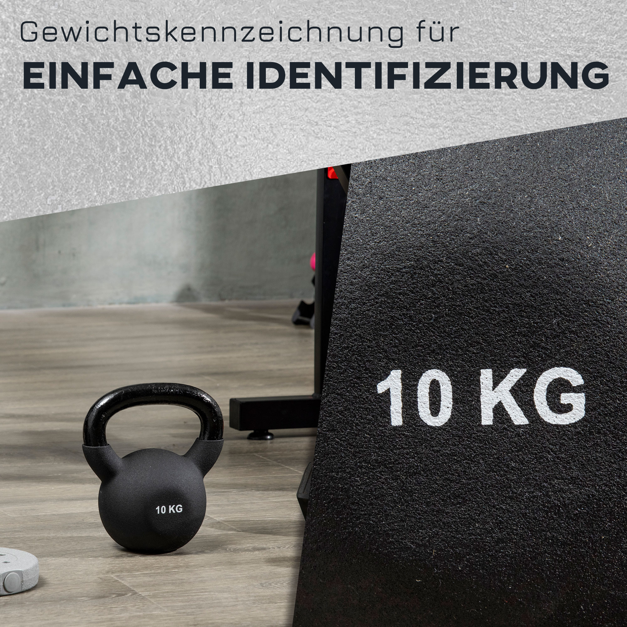 Schwarze Kettlebell mit 10 KG Zeichen auf schwarzem Hintergrund. Gewichtskennzeichnung.