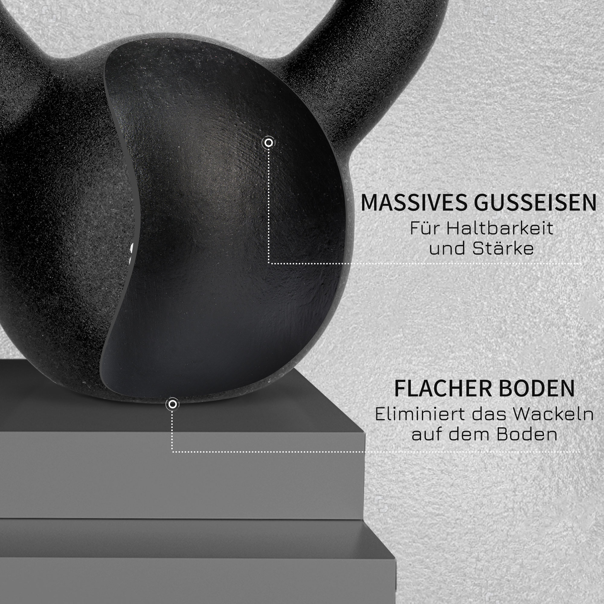 Schwarze Kettlebell auf grauer Plattform. Text zeigt Funktionen und Vorteile.