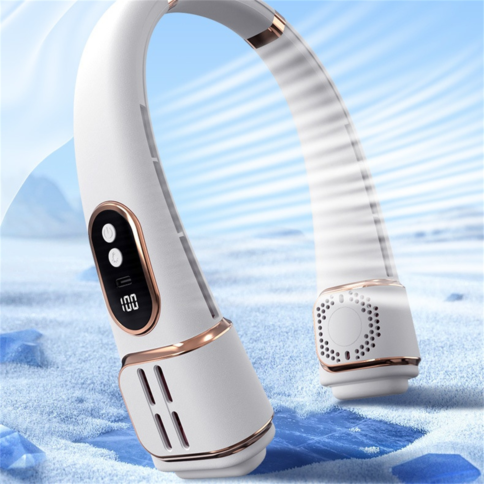 Weißer Nackenventilator mit goldenen Akzenten, zwei Knöpfen und einer Digitalanzeige. Eis und blauer Hintergrund.