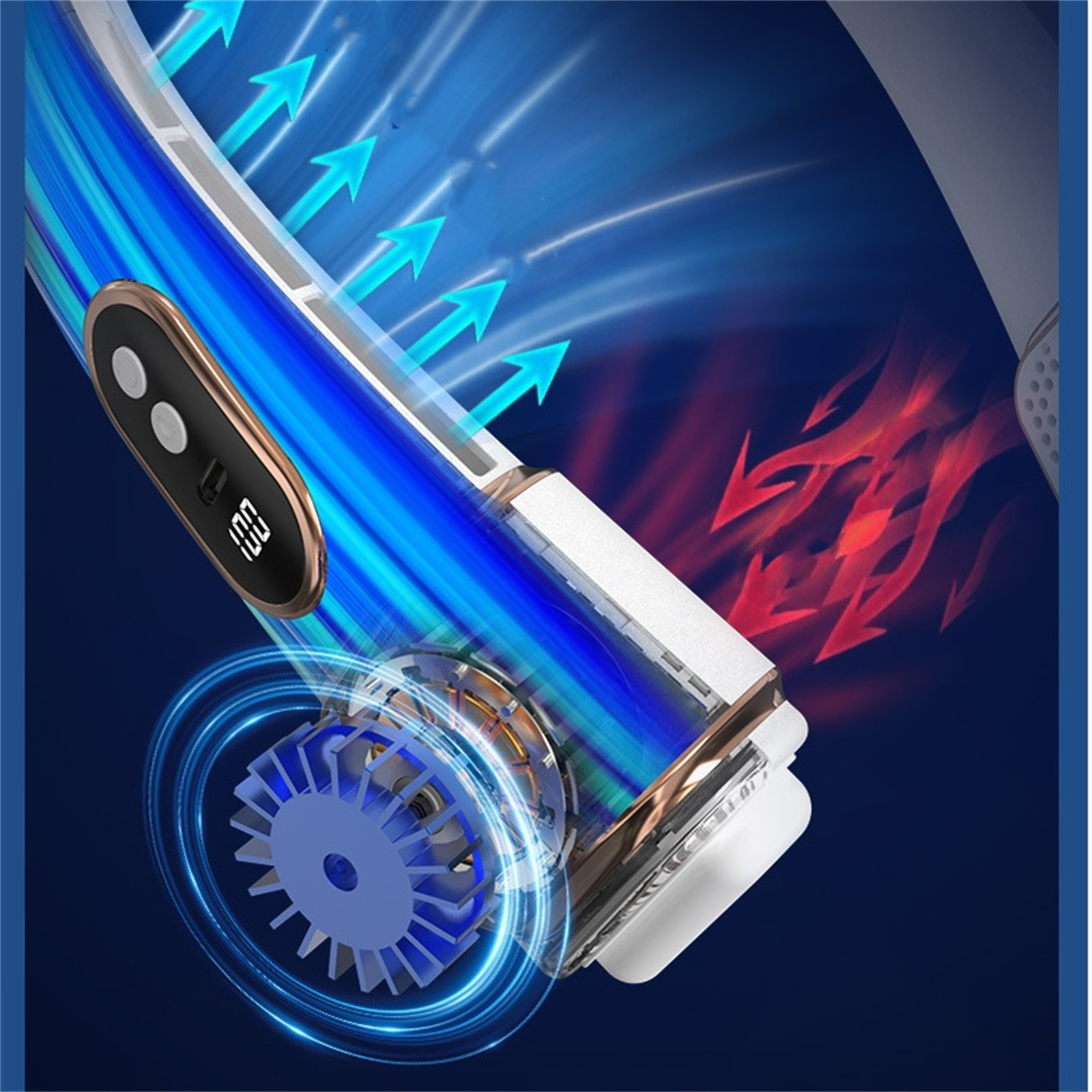 Nackenventilator mit blauen und roten Luftstrom-Visualisierungen. Schwarze und goldene Details. Nahaufnahme.