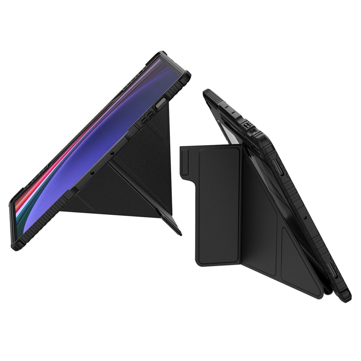 Custodia per tablet con funzione di supporto. Il tablet è nero, la custodia è nera, due viste, angolata e piatta.