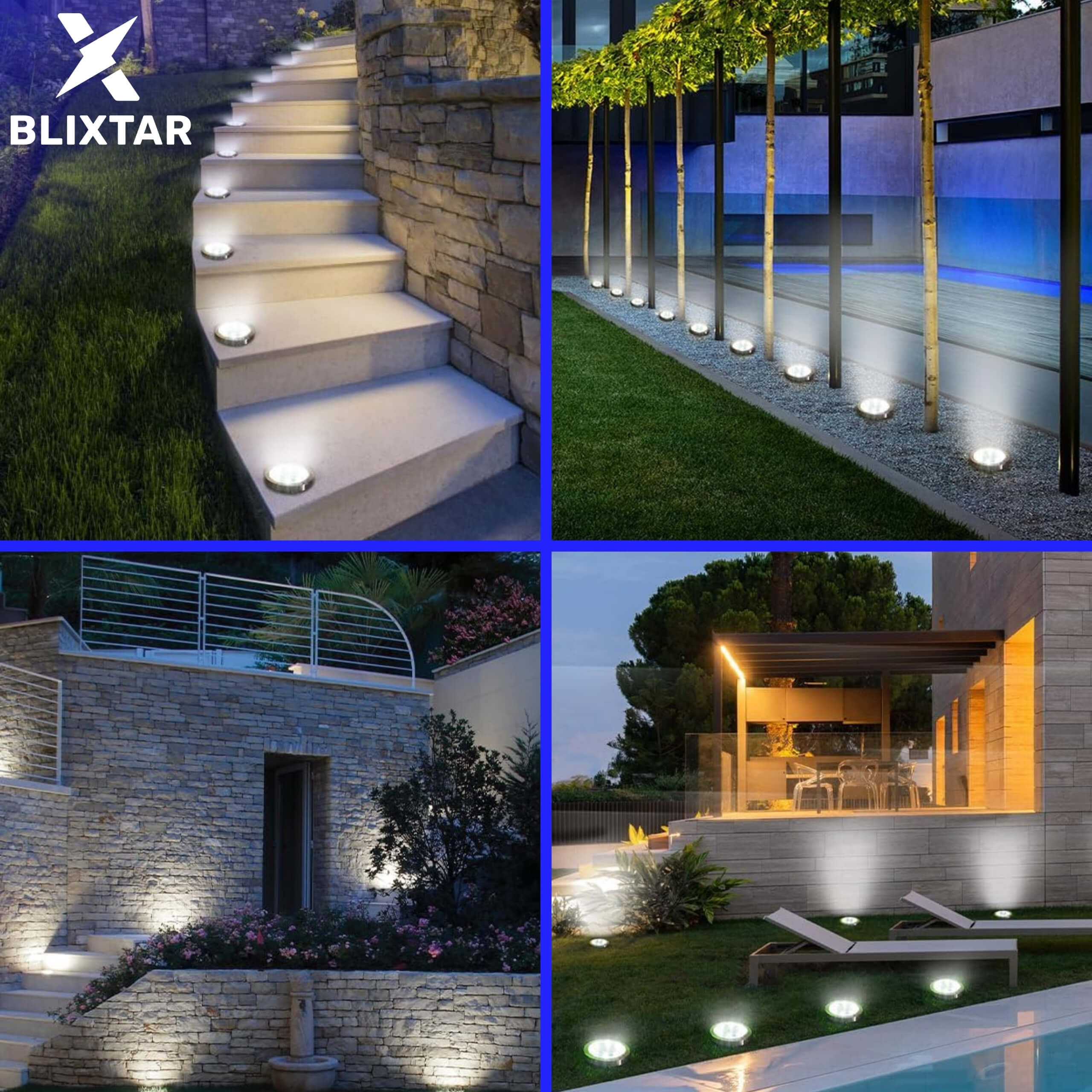 Wiele zdjęć świateł zewnętrznych oświetlających schody, ogrody i ścieżki.