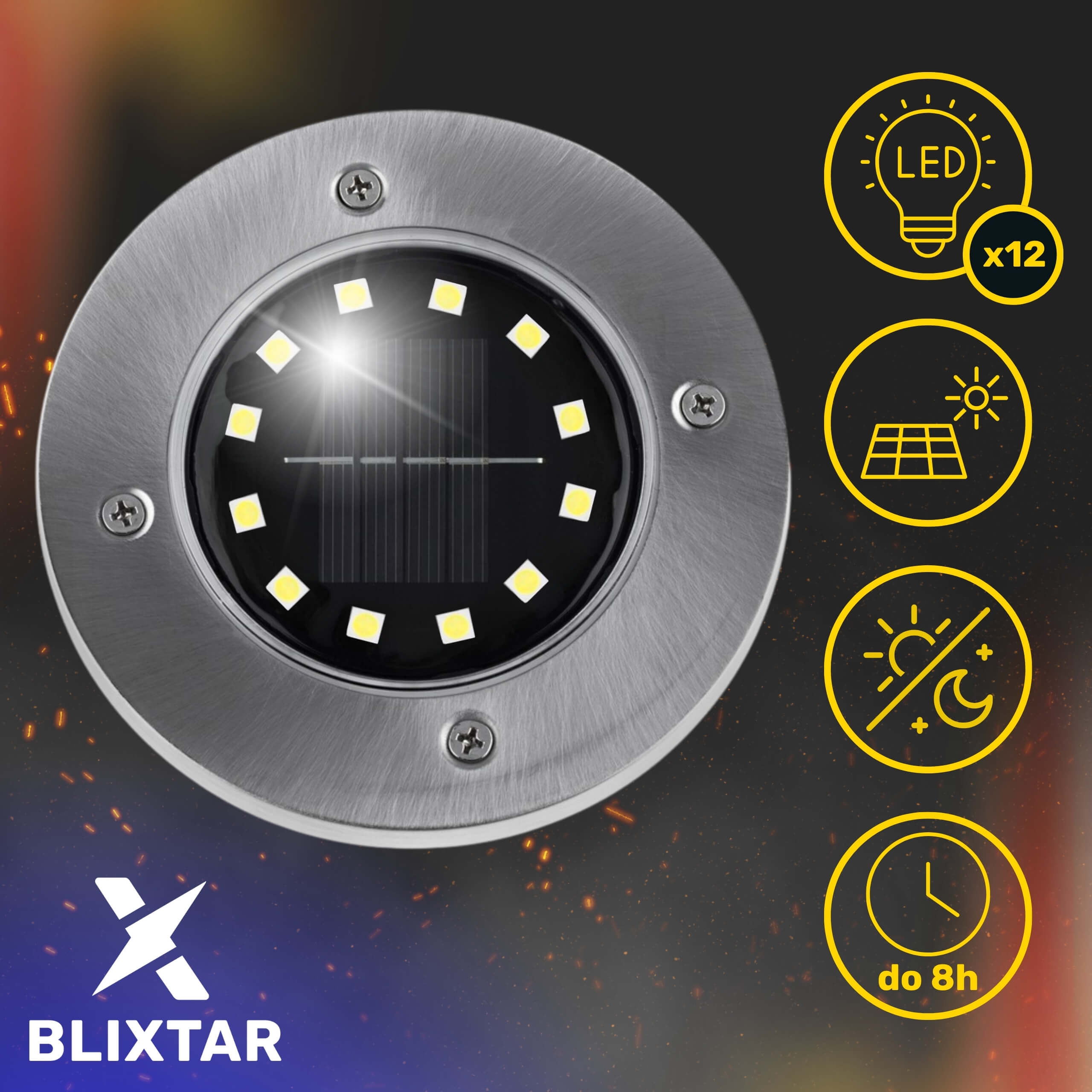 Słoneczna lampa ogrodowa LED. Posiada panel słoneczny, matrycę LED i ikony funkcji światła i słonecznych.