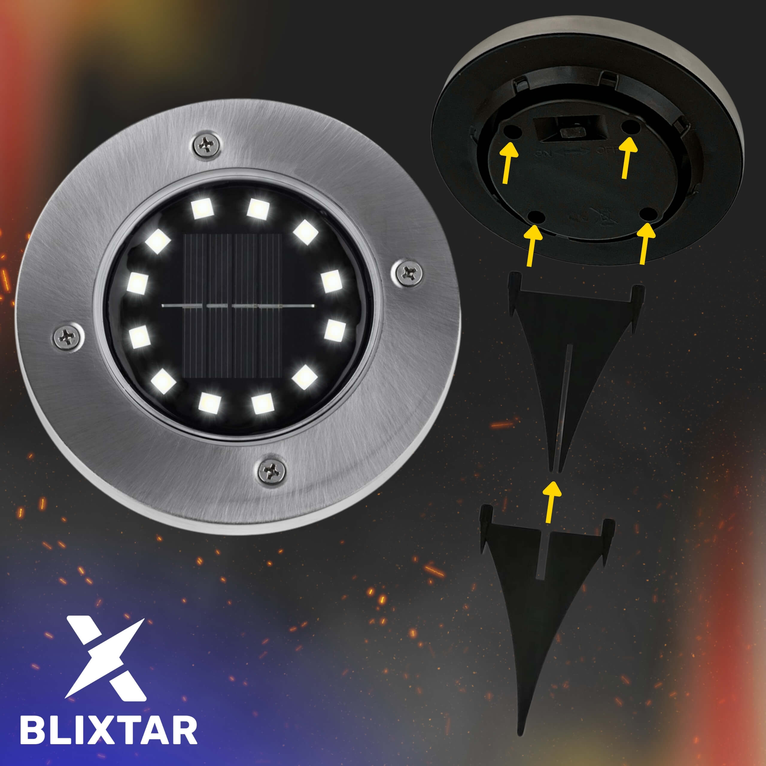 Słoneczna lampa ogrodowa z włączonym światłem, komponentami i instrukcją montażu.