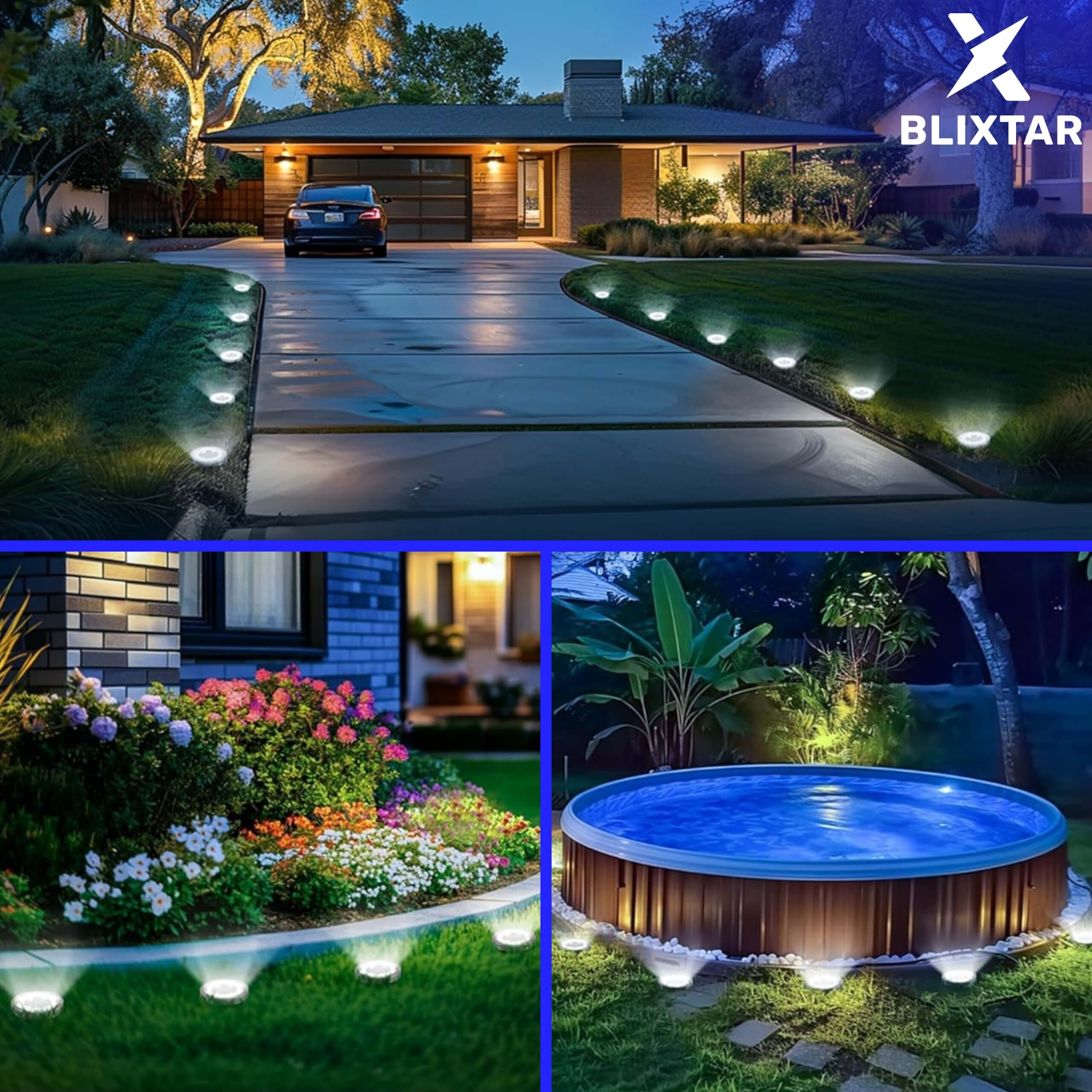 Scena na zewnątrz z domem, podjazdem i oświetleniem ogrodowym. Również jacuzzi i ogród ze światłami.