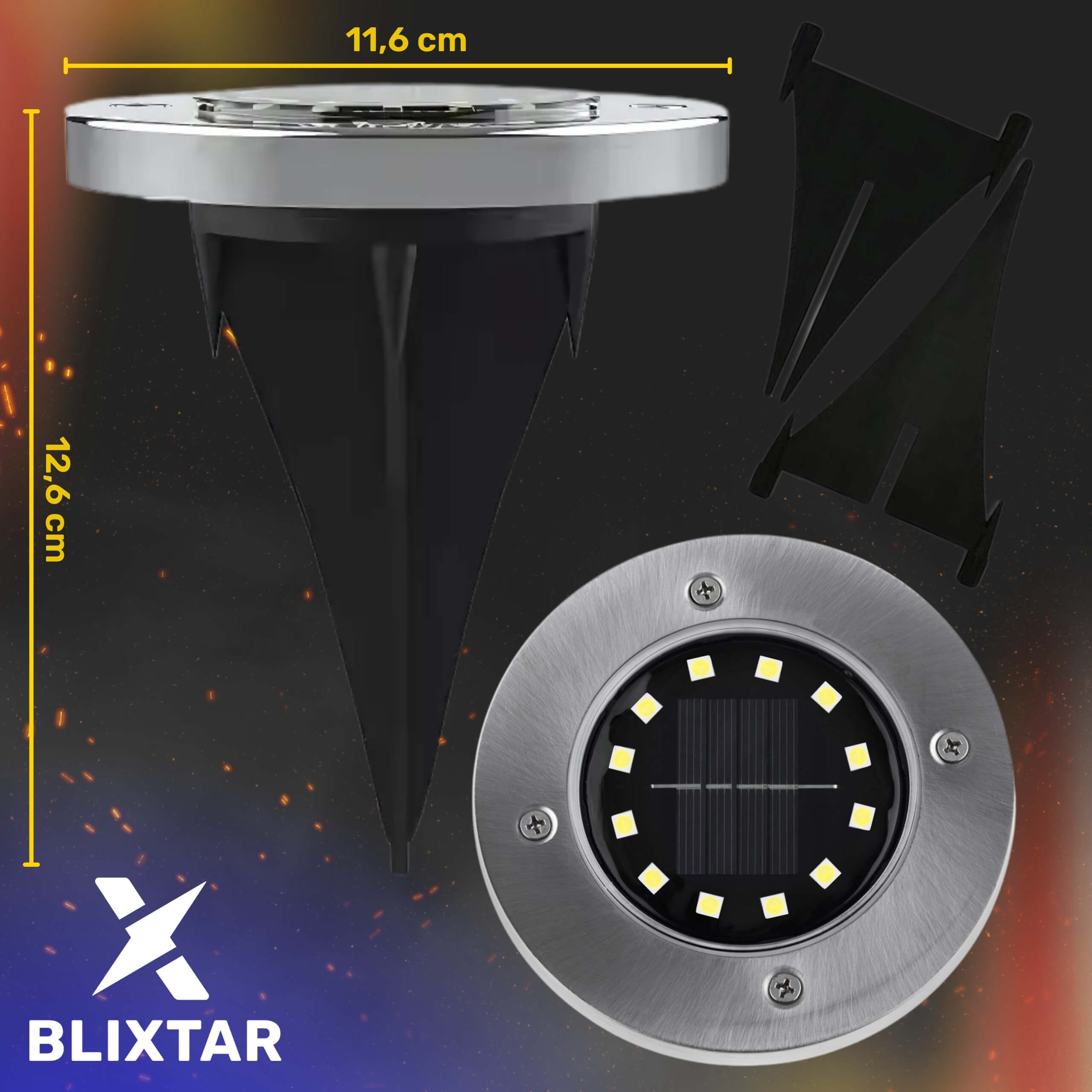 Słoneczna lampa ogrodowa. Jest srebrna na górze z czarnym kołkiem. Światło emituje od góry.