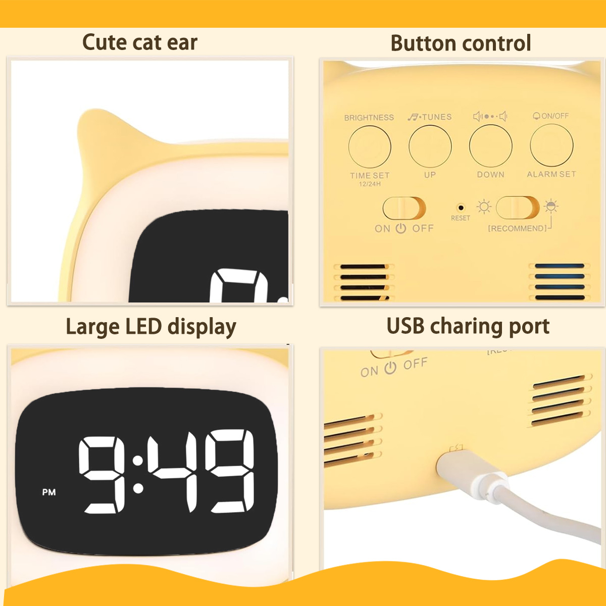 Ein gelber Wecker mit großem LED-Display, das 9:49 PM anzeigt, mit Steuertasten und einem USB-Anschluss.