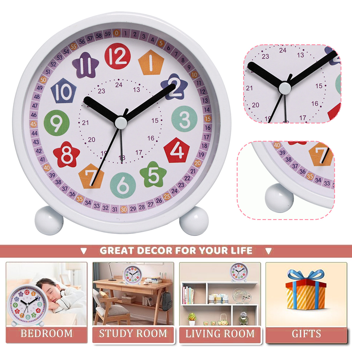 Wecker mit bunten Zahlen. Szenen zeigen Schlafzimmer, Arbeitszimmer, Wohnzimmer und Geschenk.