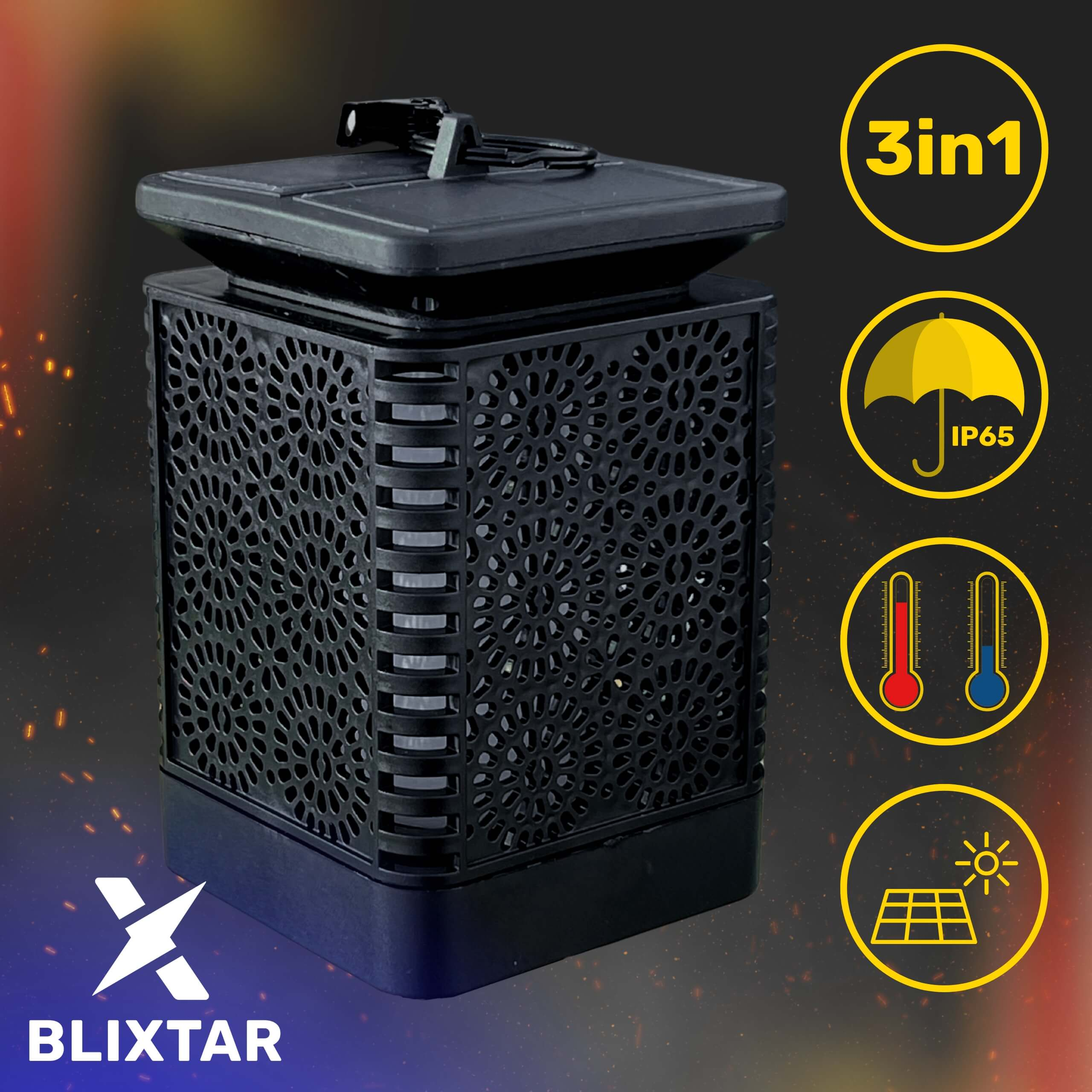 Czarna latarnia solarna. Kwadratowy kształt. Otwarta konstrukcja. Funkcje 3 w 1. Żółte i czerwone akcenty.