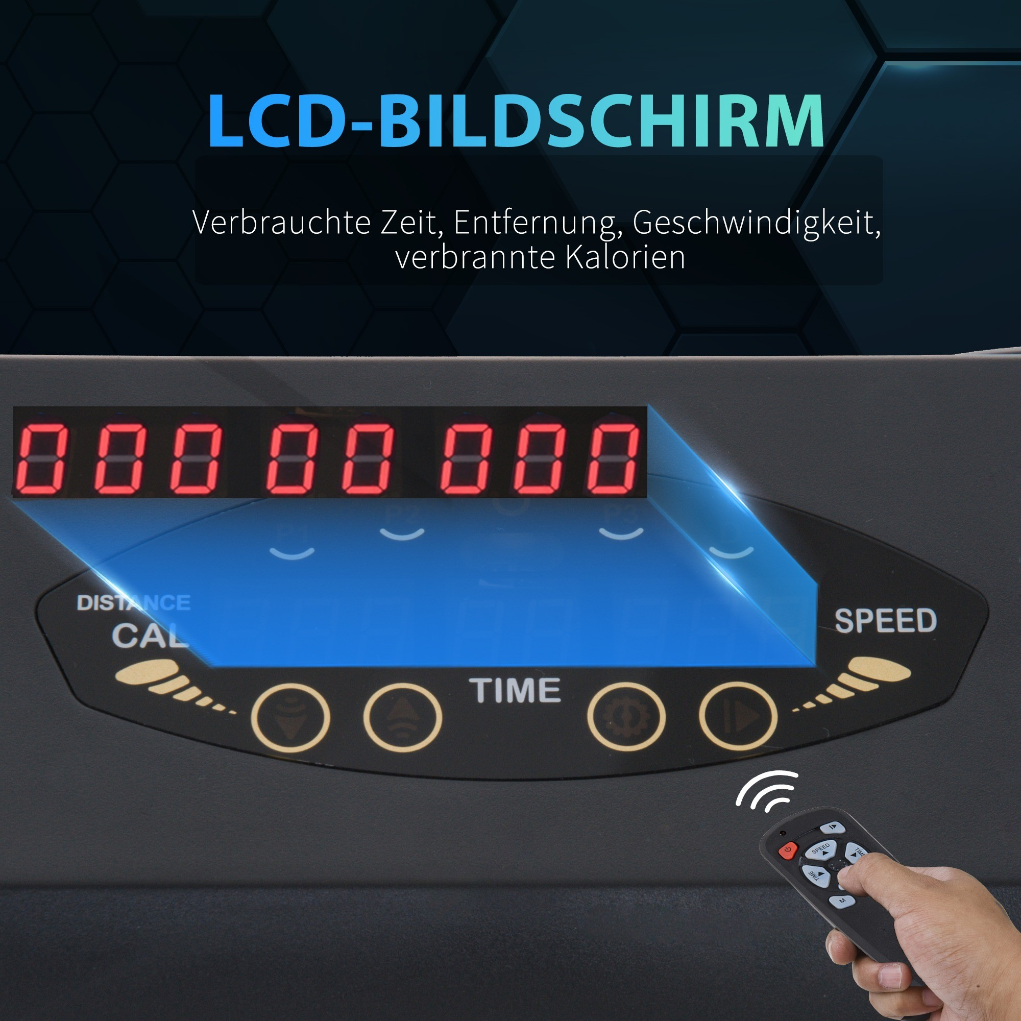 Digitalanzeige mit Zeit, Distanz, Geschwindigkeit und Kalorien. Eine Fernbedienung in der Hand.