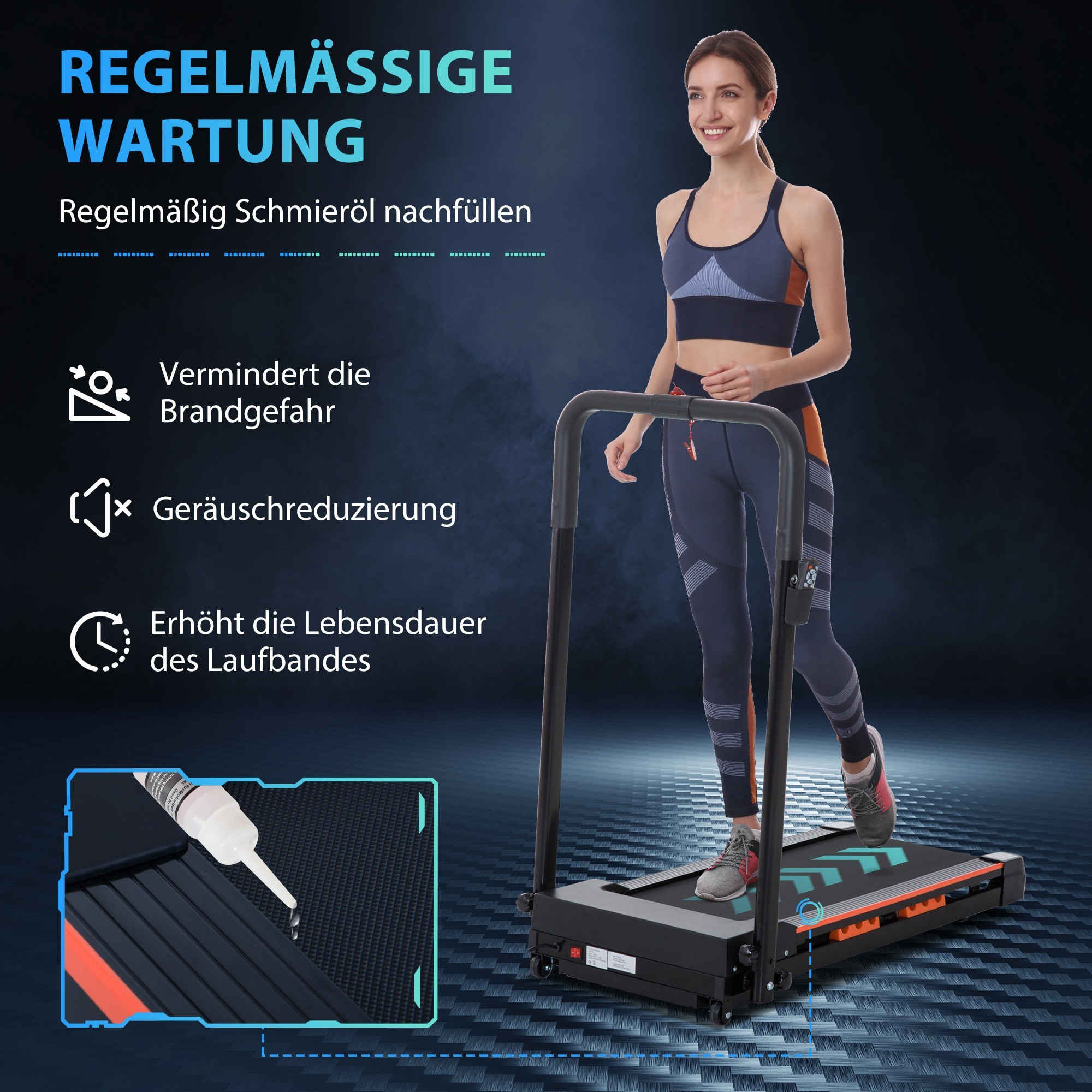 Frau auf einem Laufband, mit einem Diagramm zur Wartung des Laufbands. Bild zeigt Wassertropfen und Text.